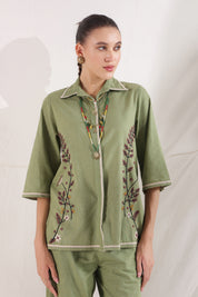 Women Dark Green Cotton Linen Flex Embroidery CO-Ord Set