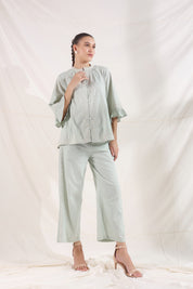 Women Mint Green Cotton Flex Linen Green Embroidery Co-Ord Set