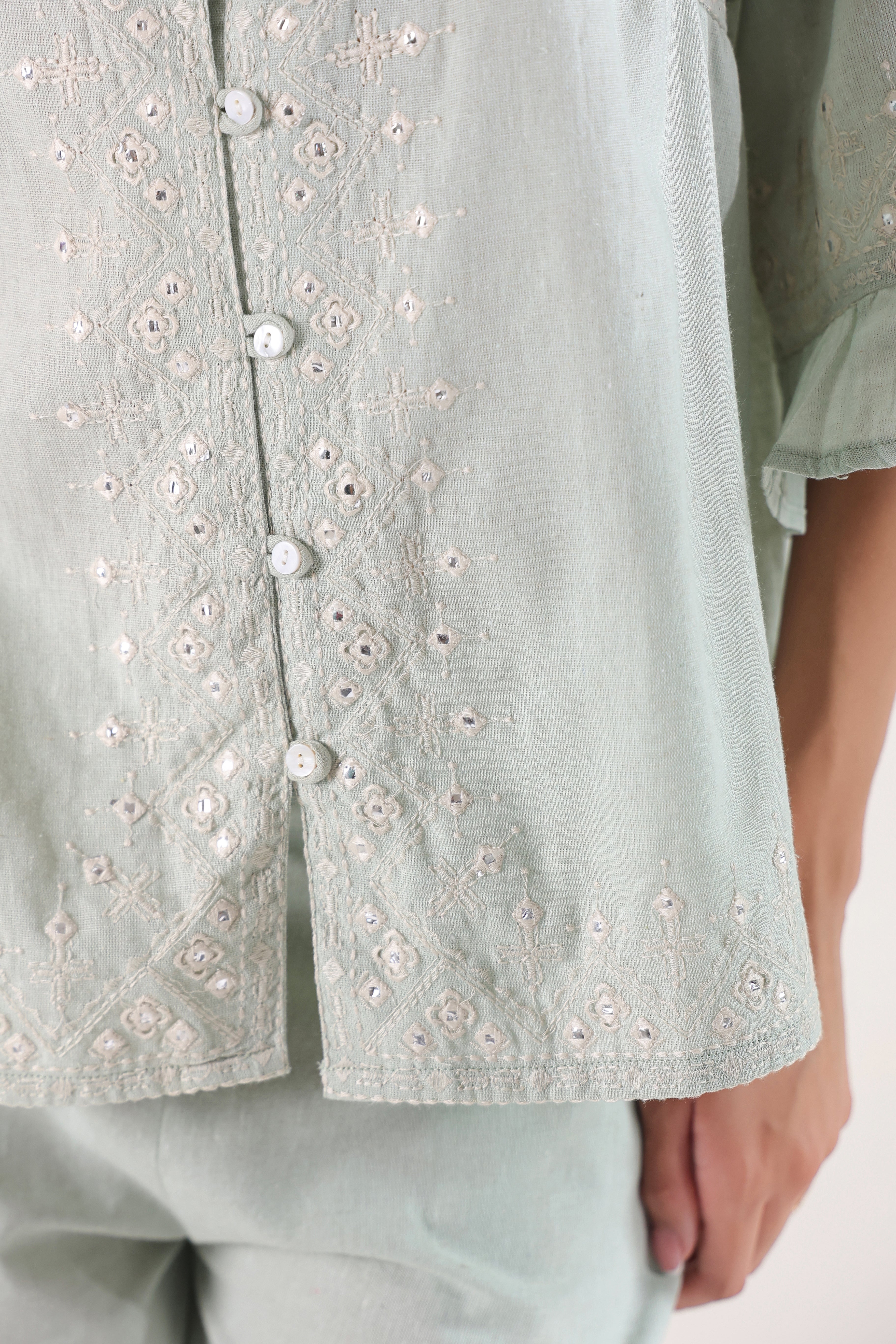 Women Mint Green Cotton Flex Linen Green Embroidery Co-Ord Set