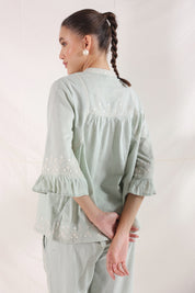 Women Mint Green Cotton Flex Linen Green Embroidery Co-Ord Set