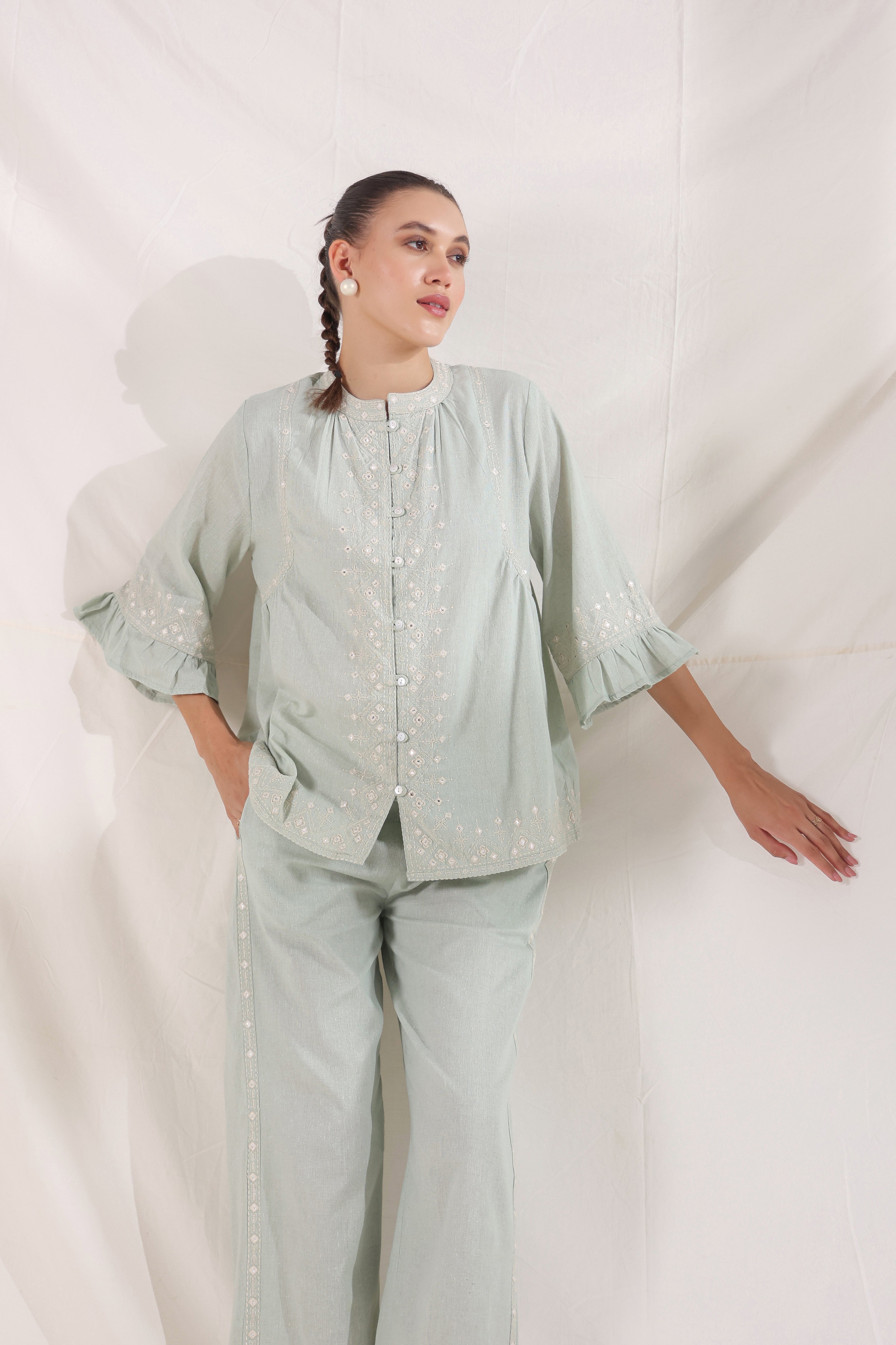 Women Mint Green Cotton Flex Linen Green Embroidery Co-Ord Set