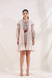 Women Rose Pink Cotton Flex Linen Lace With Dori Embroidery Dress