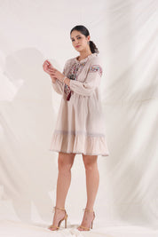 Women Rose Pink Cotton Flex Linen Lace With Dori Embroidery Dress