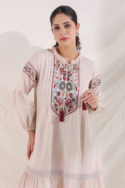 Women Rose Pink Cotton Flex Linen Lace With Dori Embroidery Dress