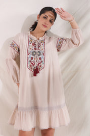 Women Rose Pink Cotton Flex Linen Lace With Dori Embroidery Dress