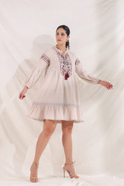 Women Rose Pink Cotton Flex Linen Lace With Dori Embroidery Dress