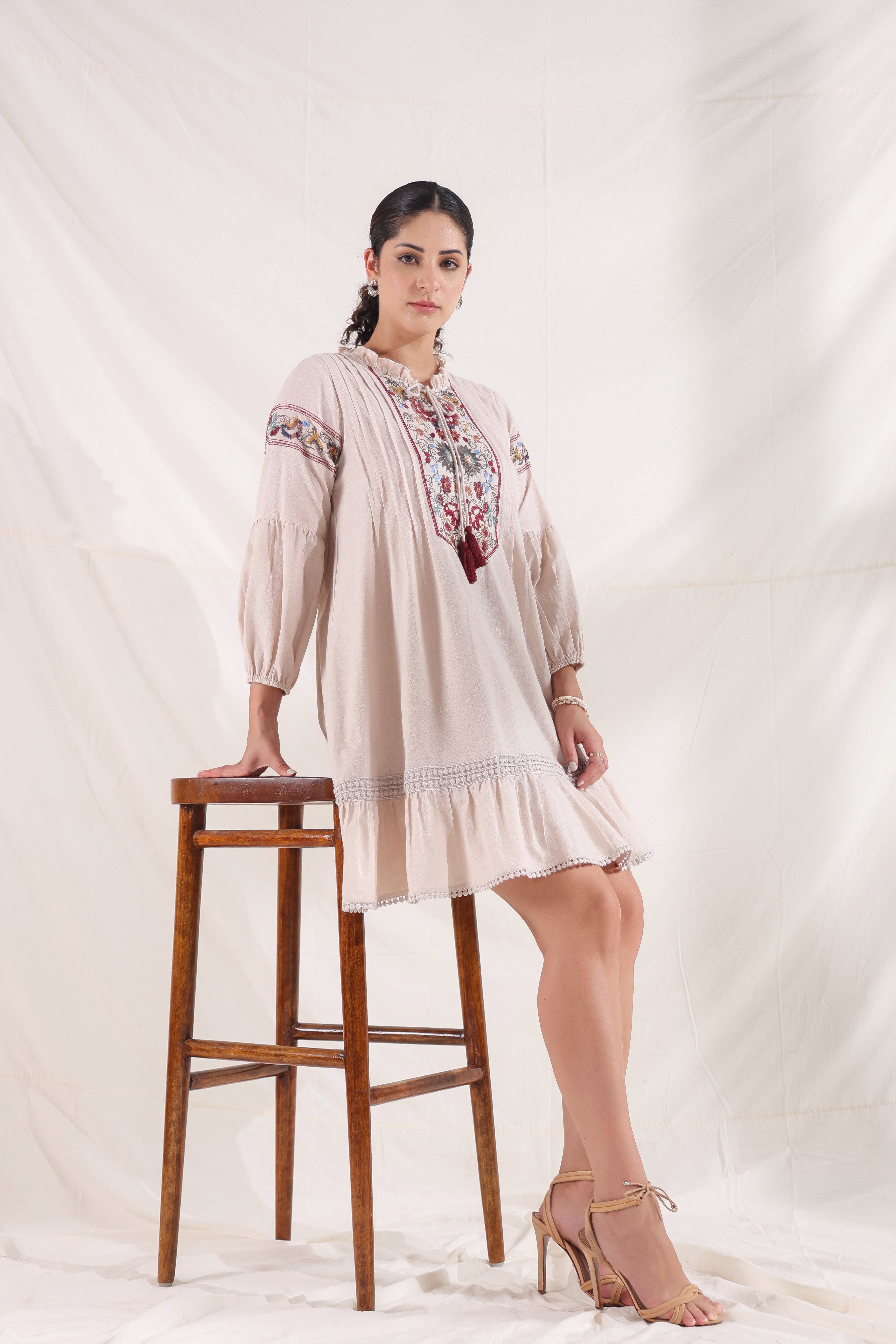 Women Rose Pink Cotton Flex Linen Lace With Dori Embroidery Dress