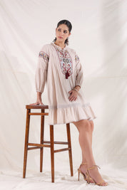 Women Rose Pink Cotton Flex Linen Lace With Dori Embroidery Dress