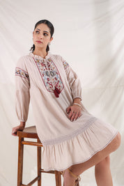 Women Rose Pink Cotton Flex Linen Lace With Dori Embroidery Dress