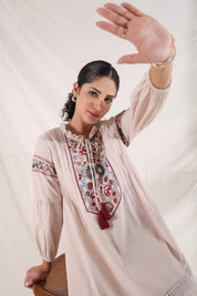 Women Rose Pink Cotton Flex Linen Lace With Dori Embroidery Dress