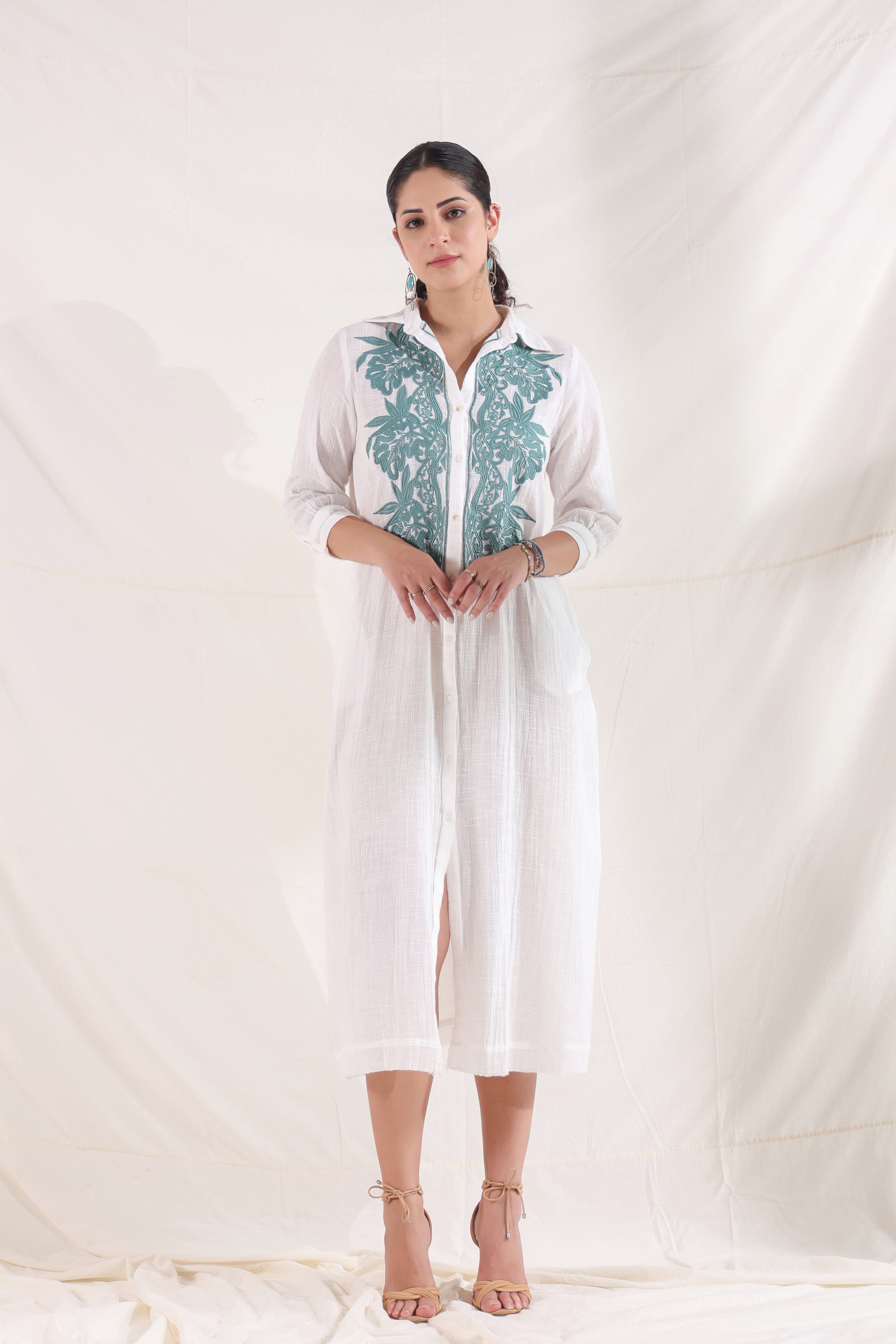 Women White Cotton Slub Embroidered Button Down Shirt Maxi Dress