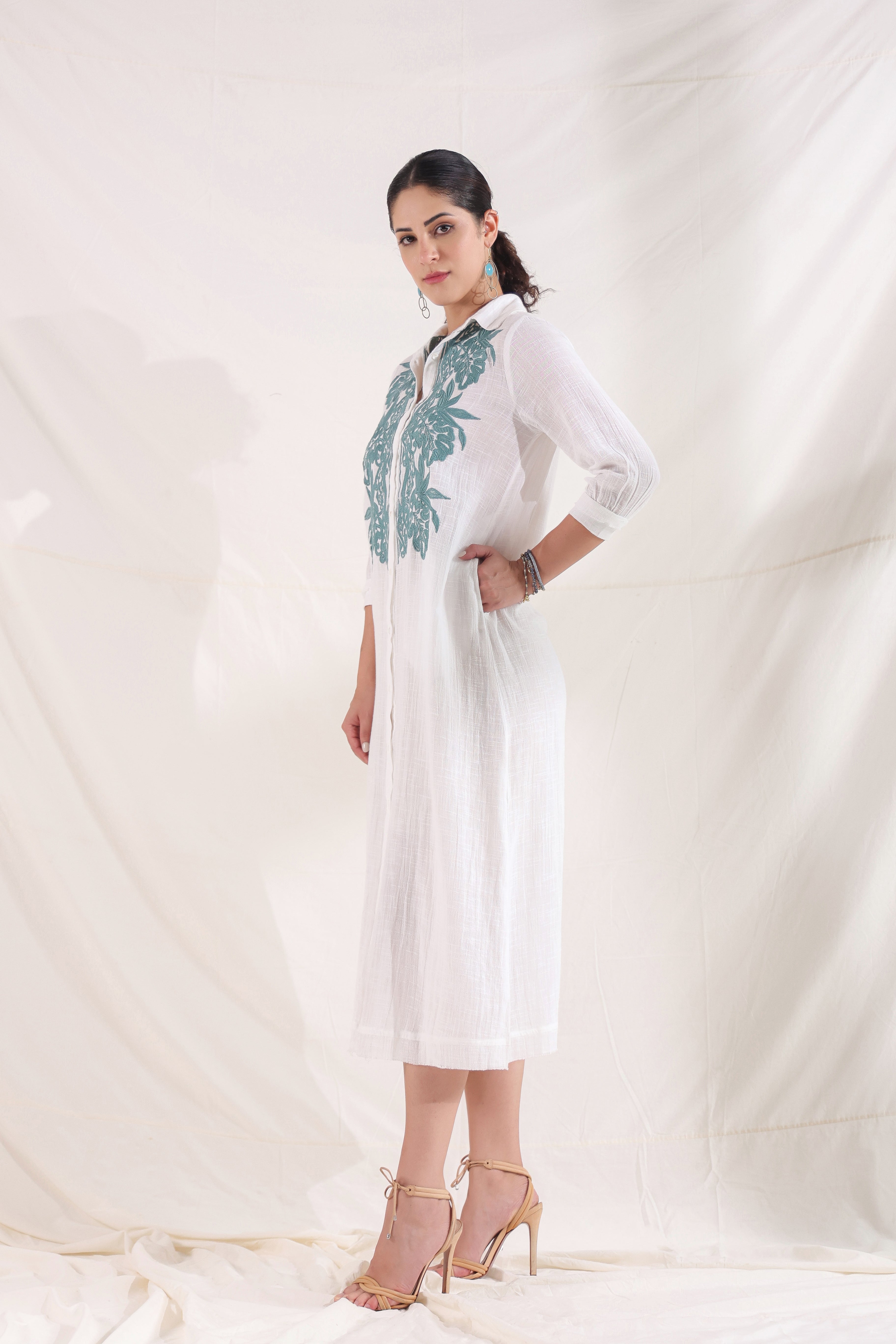 Women White Cotton Slub Embroidered Button Down Shirt Maxi Dress