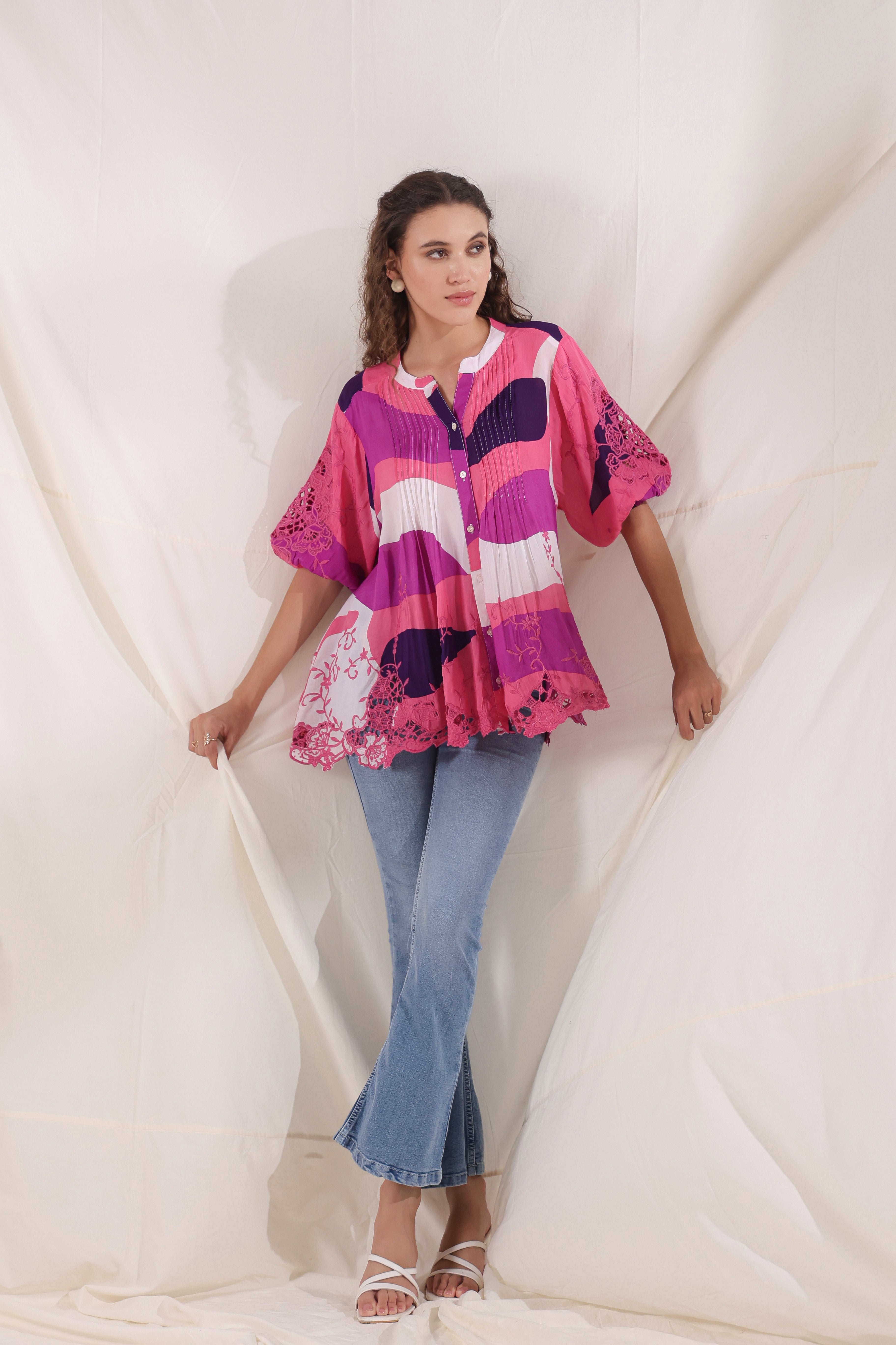 Women Wine Viscose Printed Embroidery Top