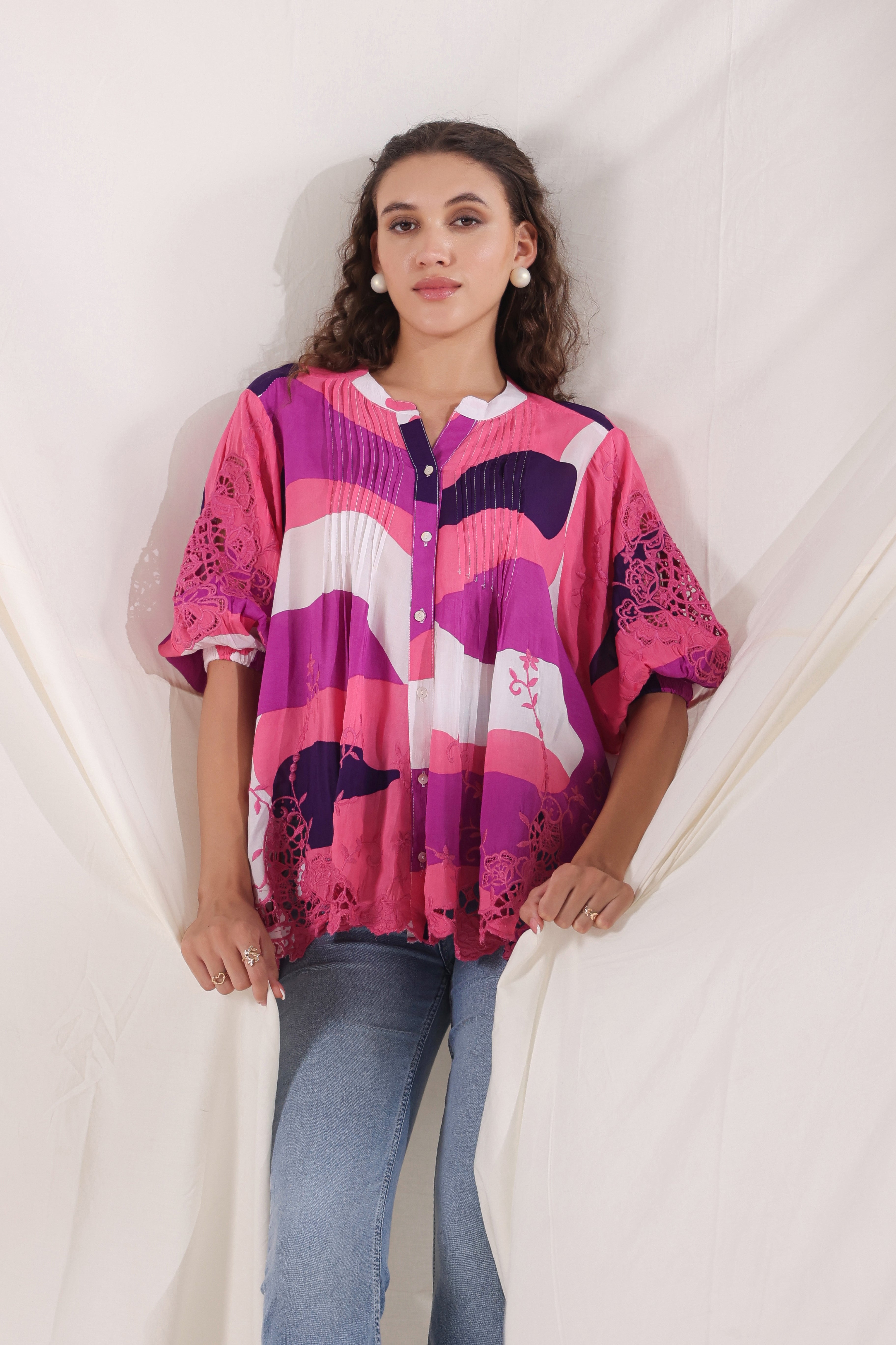 Women Wine Viscose Printed Embroidery Top