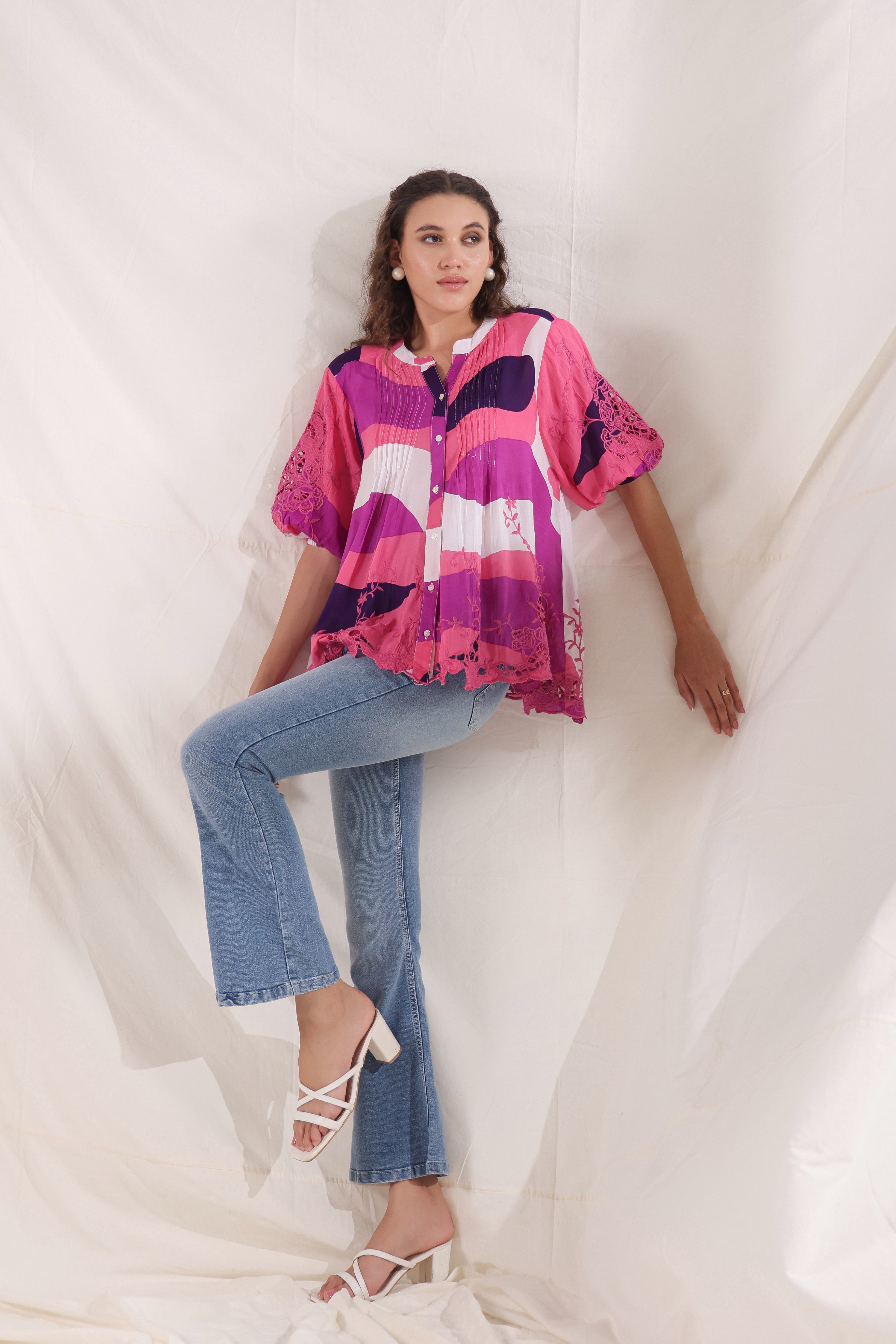 Women Wine Viscose Printed Embroidery Top