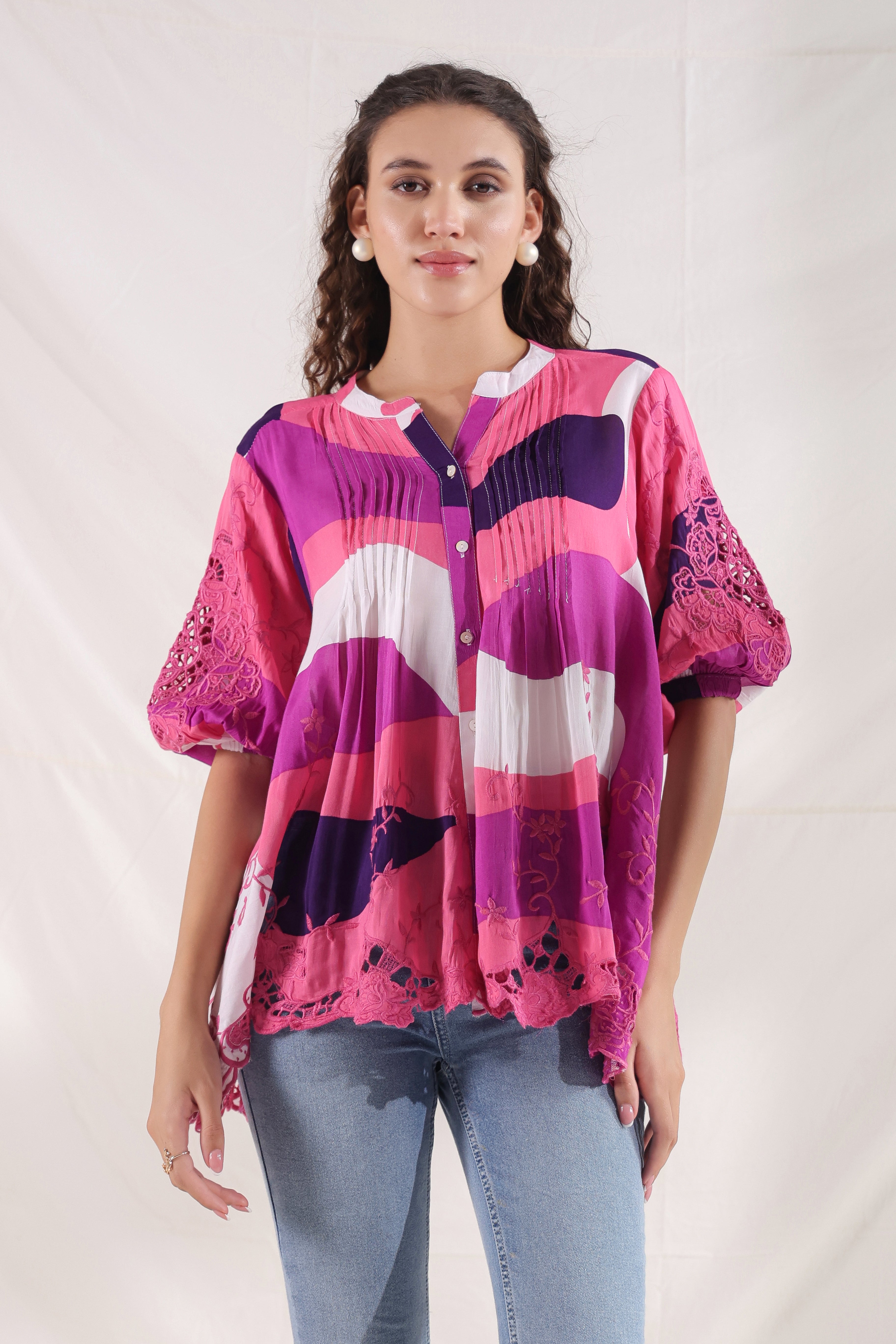 Women Wine Viscose Printed Embroidery Top