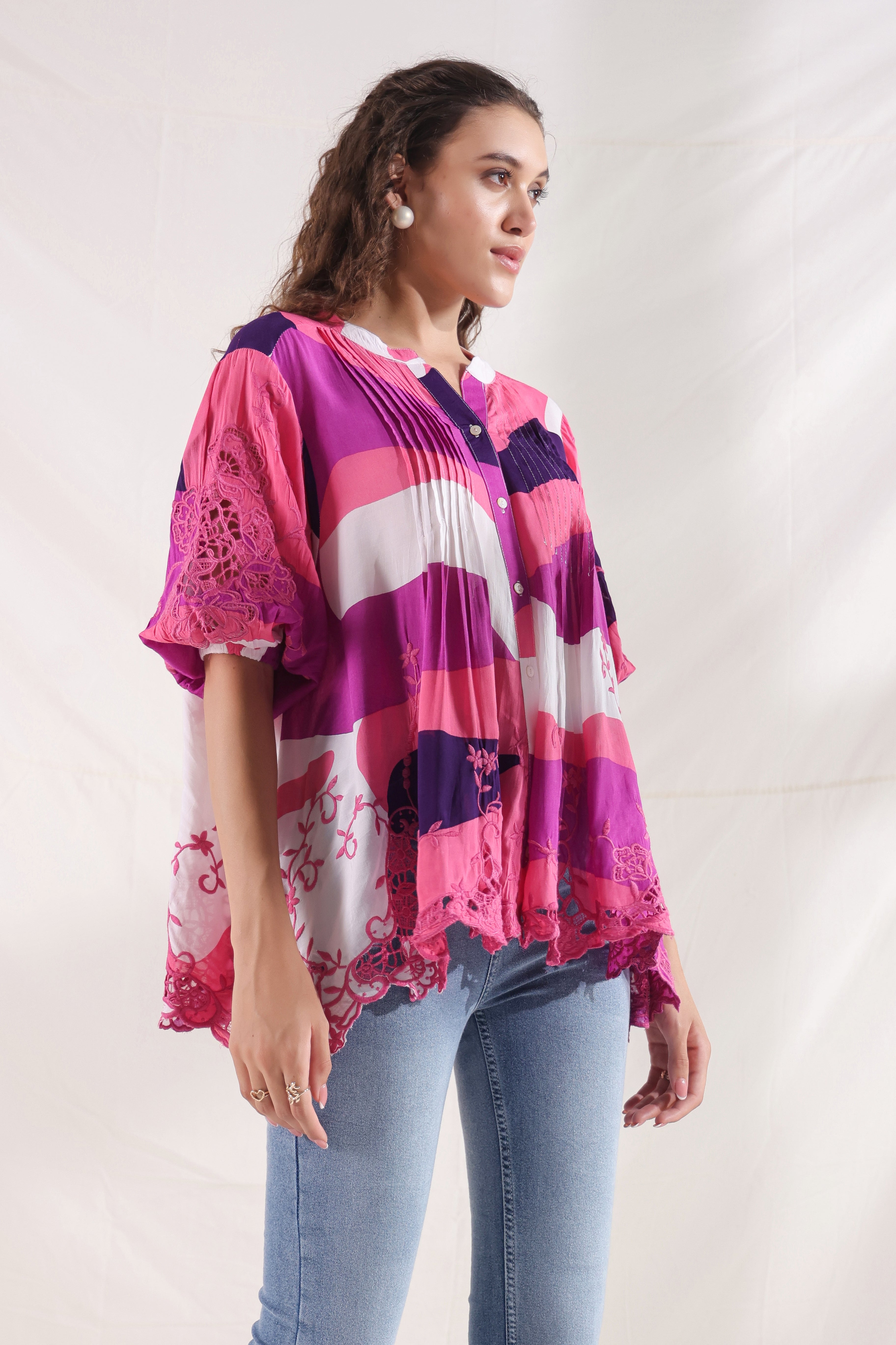 Women Wine Viscose Printed Embroidery Top