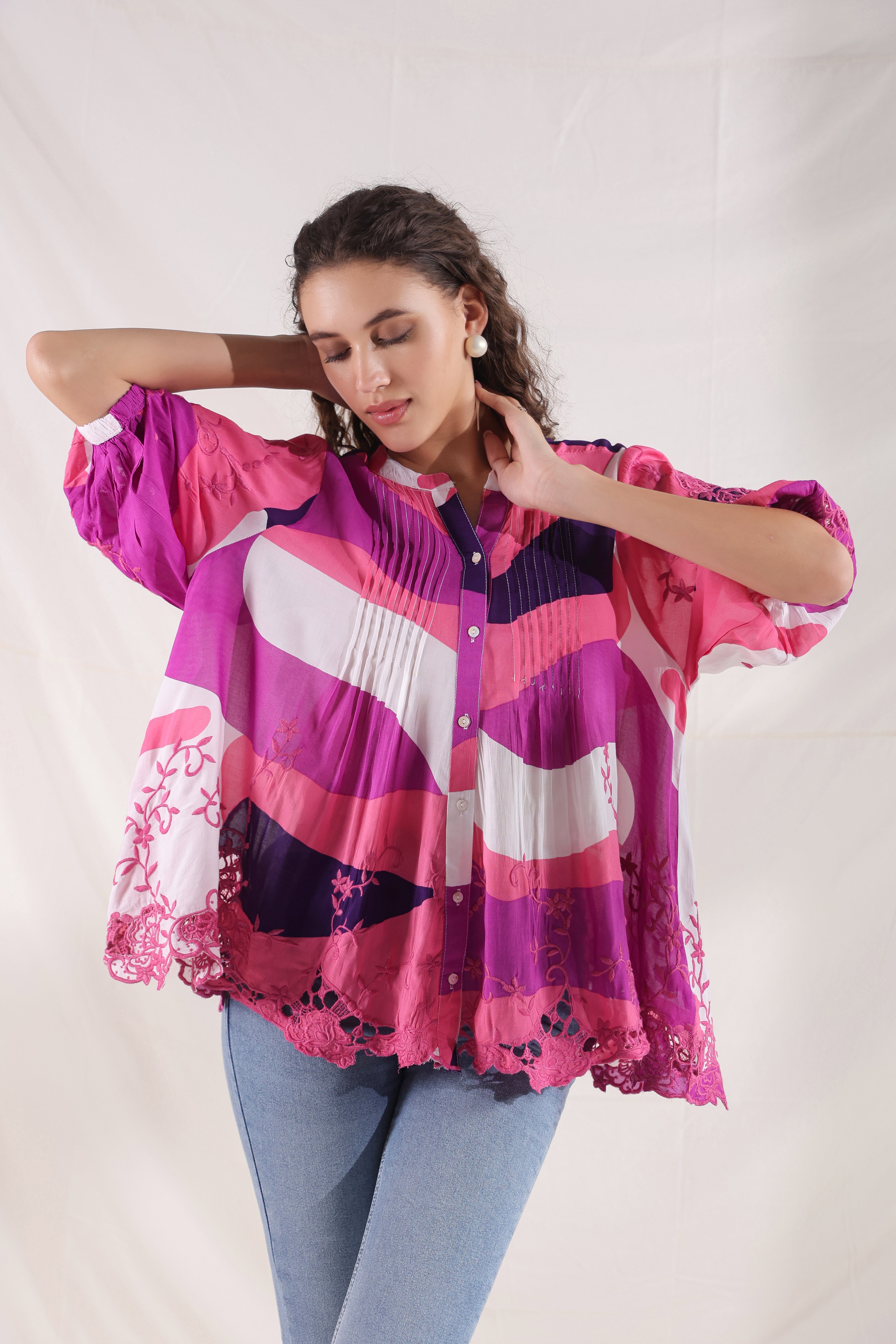 Women Wine Viscose Printed Embroidery Top