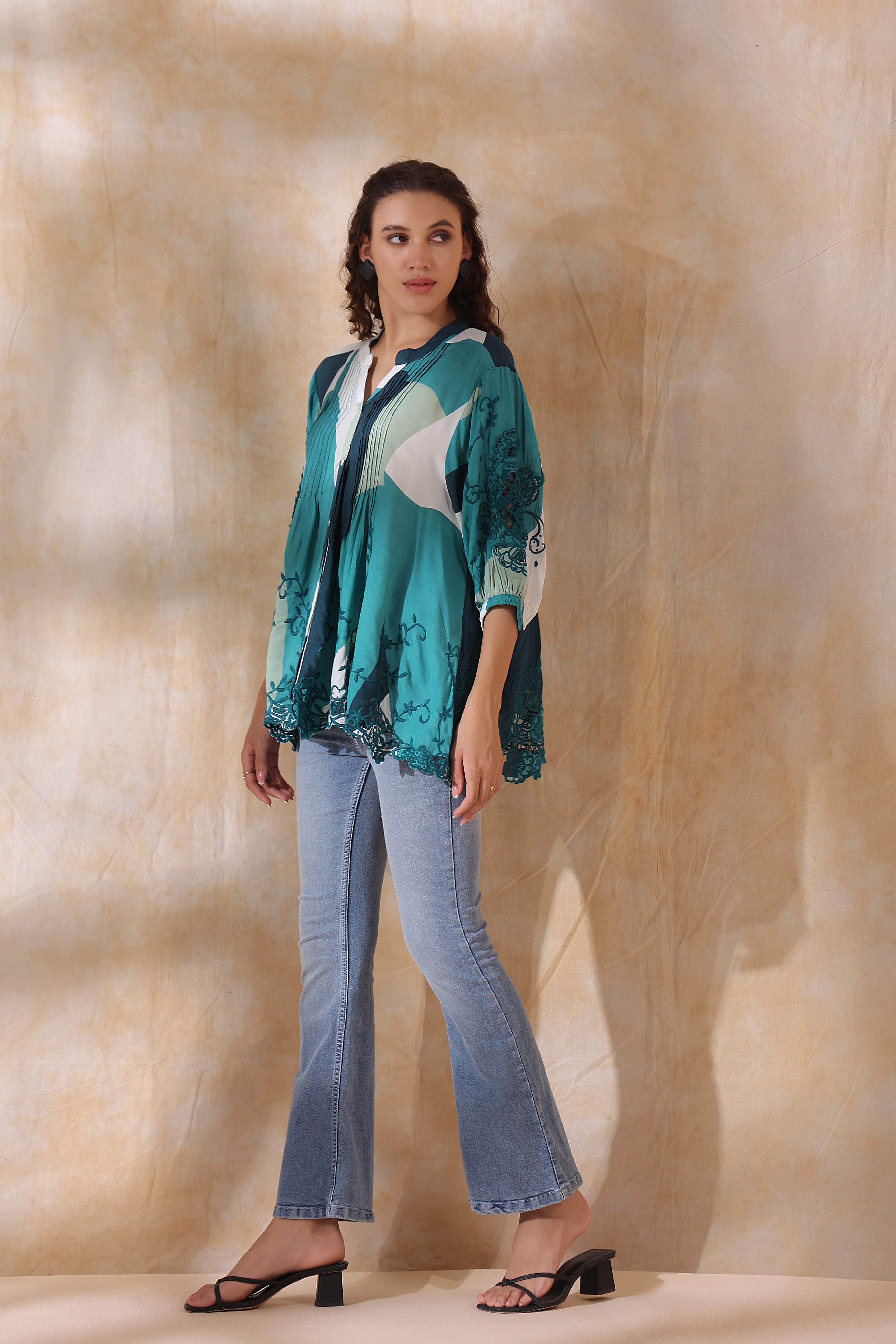 Women Green Viscose Printed Embroidery Top