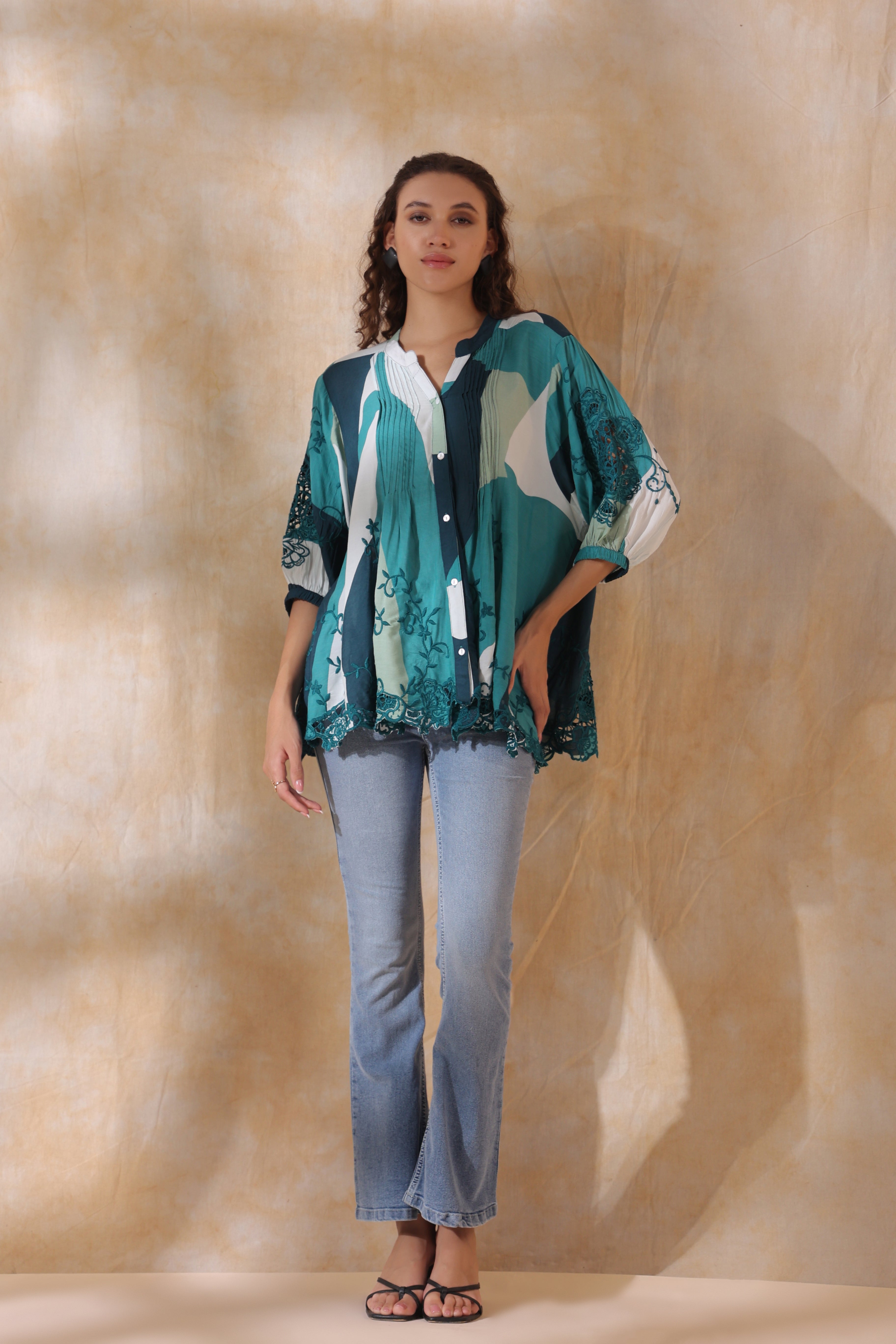 Women Green Viscose Printed Embroidery Top