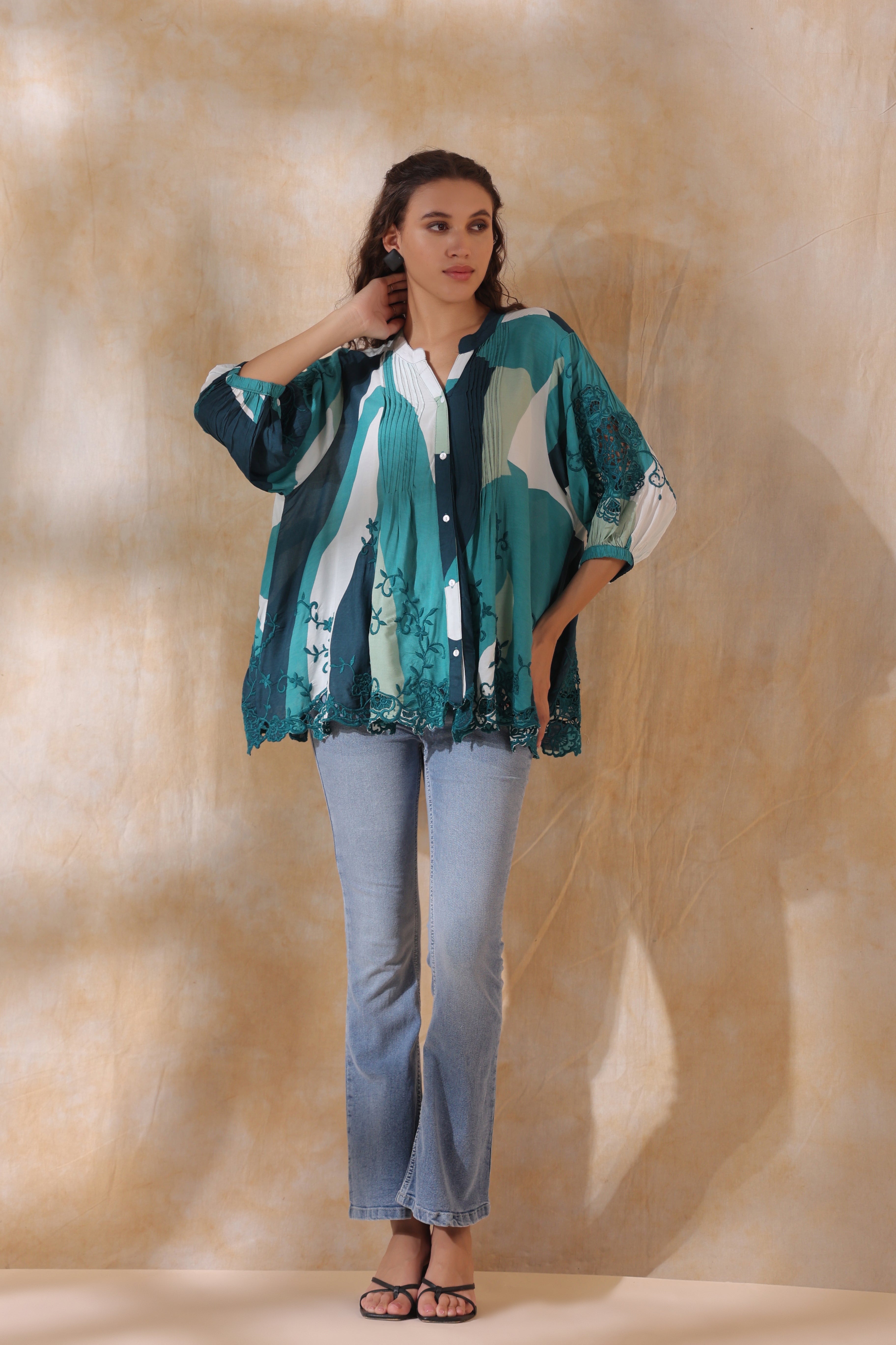 Women Green Viscose Printed Embroidery Top