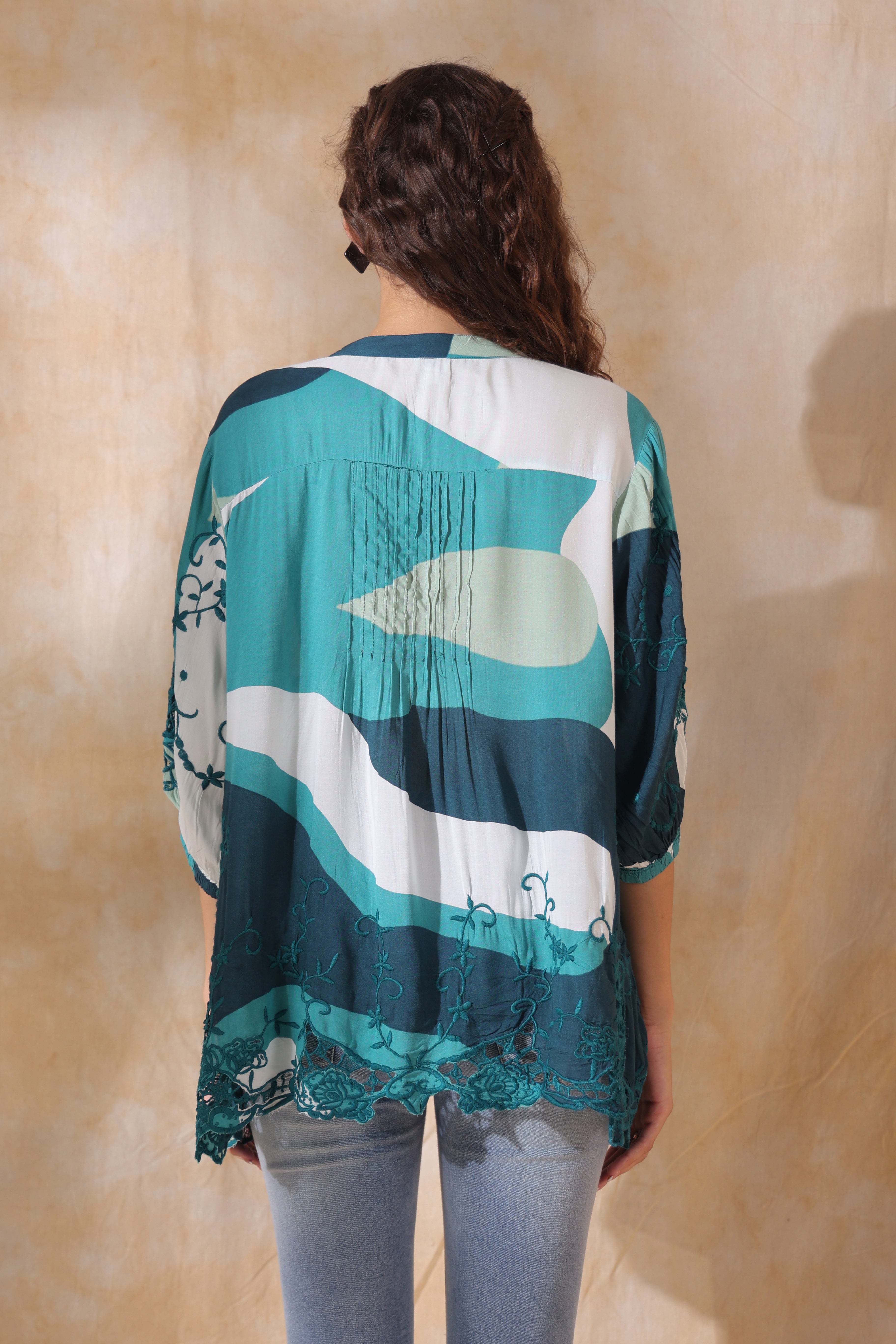 Women Green Viscose Printed Embroidery Top