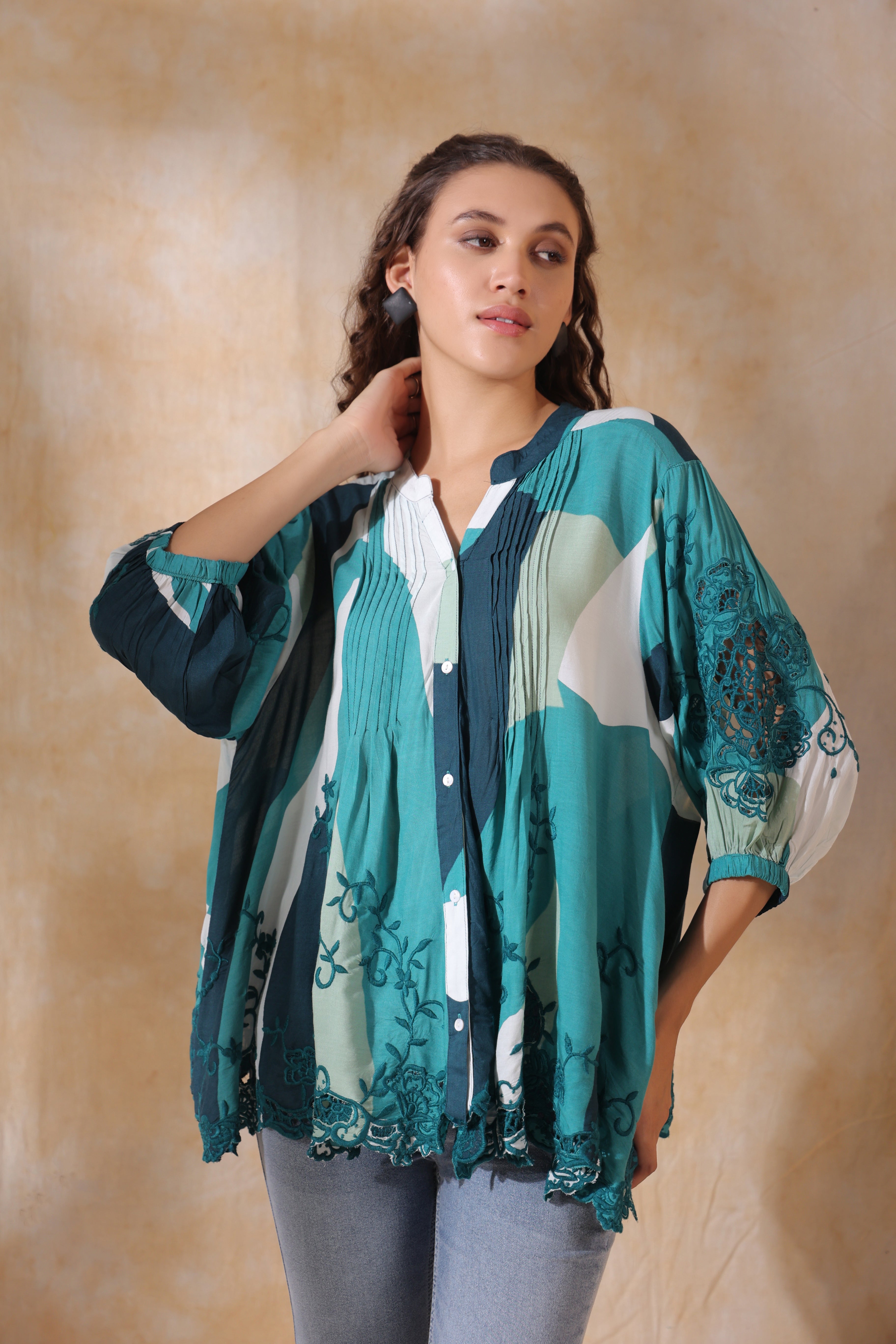 Women Green Viscose Printed Embroidery Top