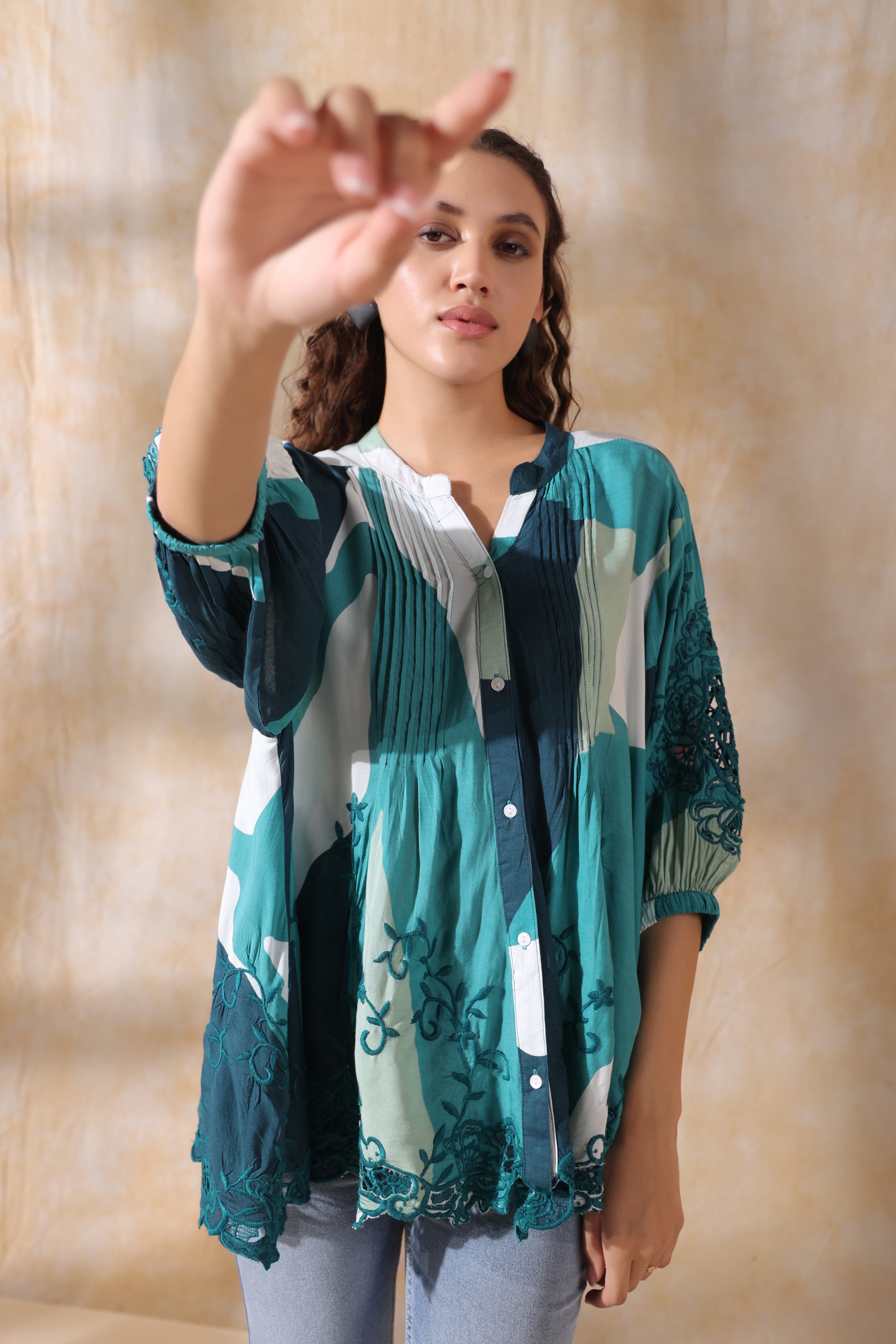 Women Green Viscose Printed Embroidery Top