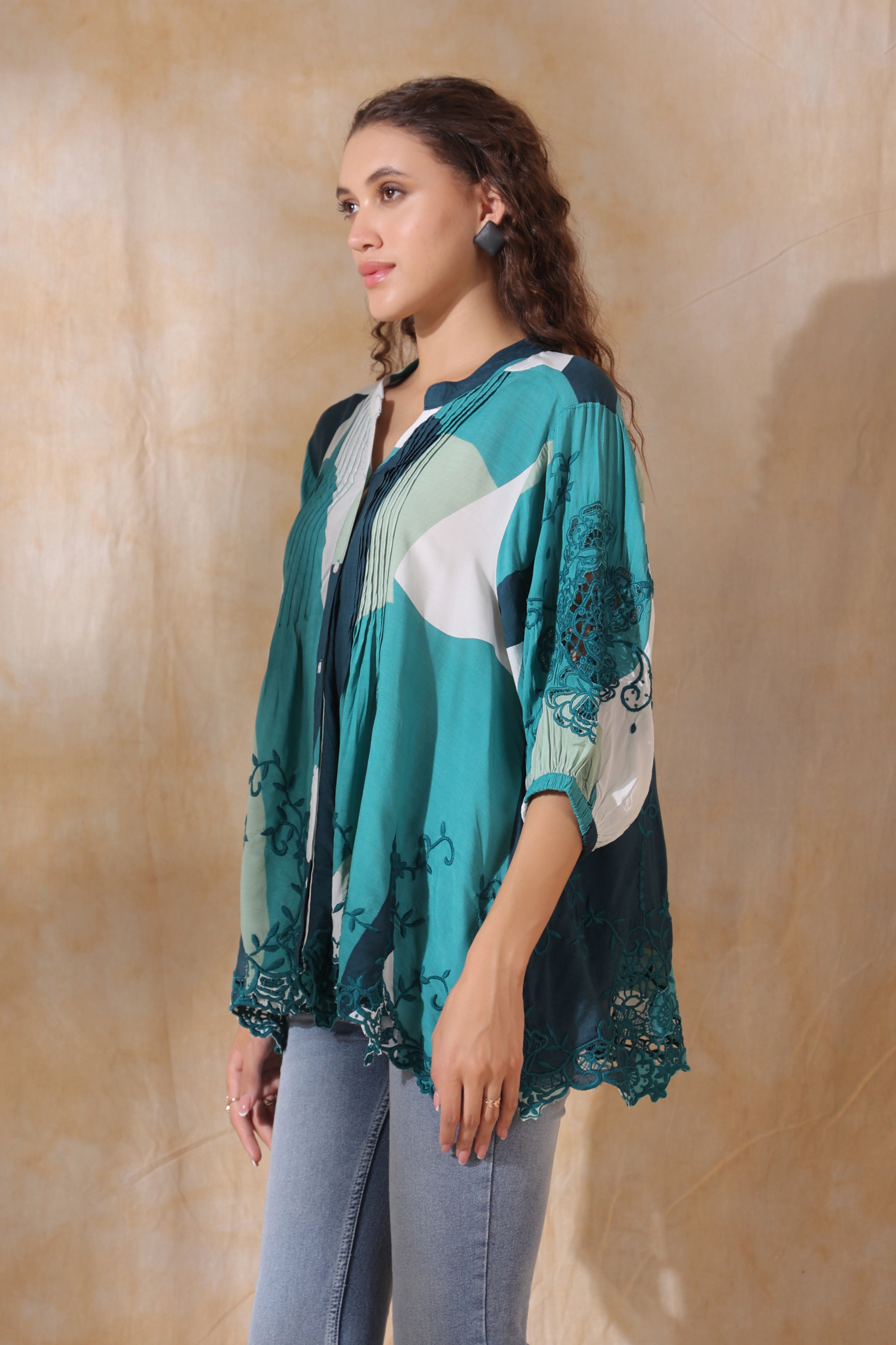 Women Green Viscose Printed Embroidery Top