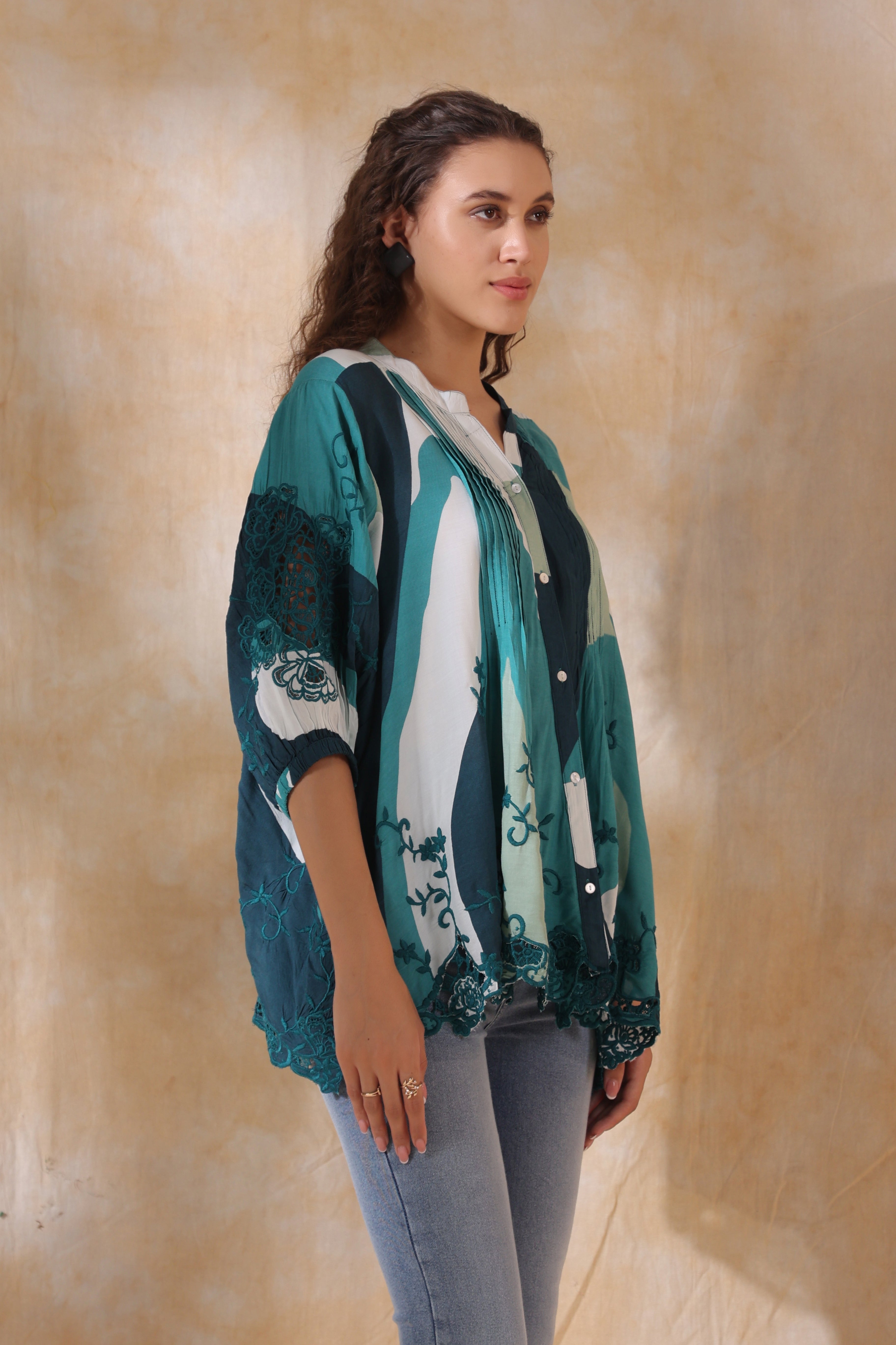 Women Green Viscose Printed Embroidery Top