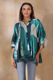 Women Green Viscose Printed Embroidery Top