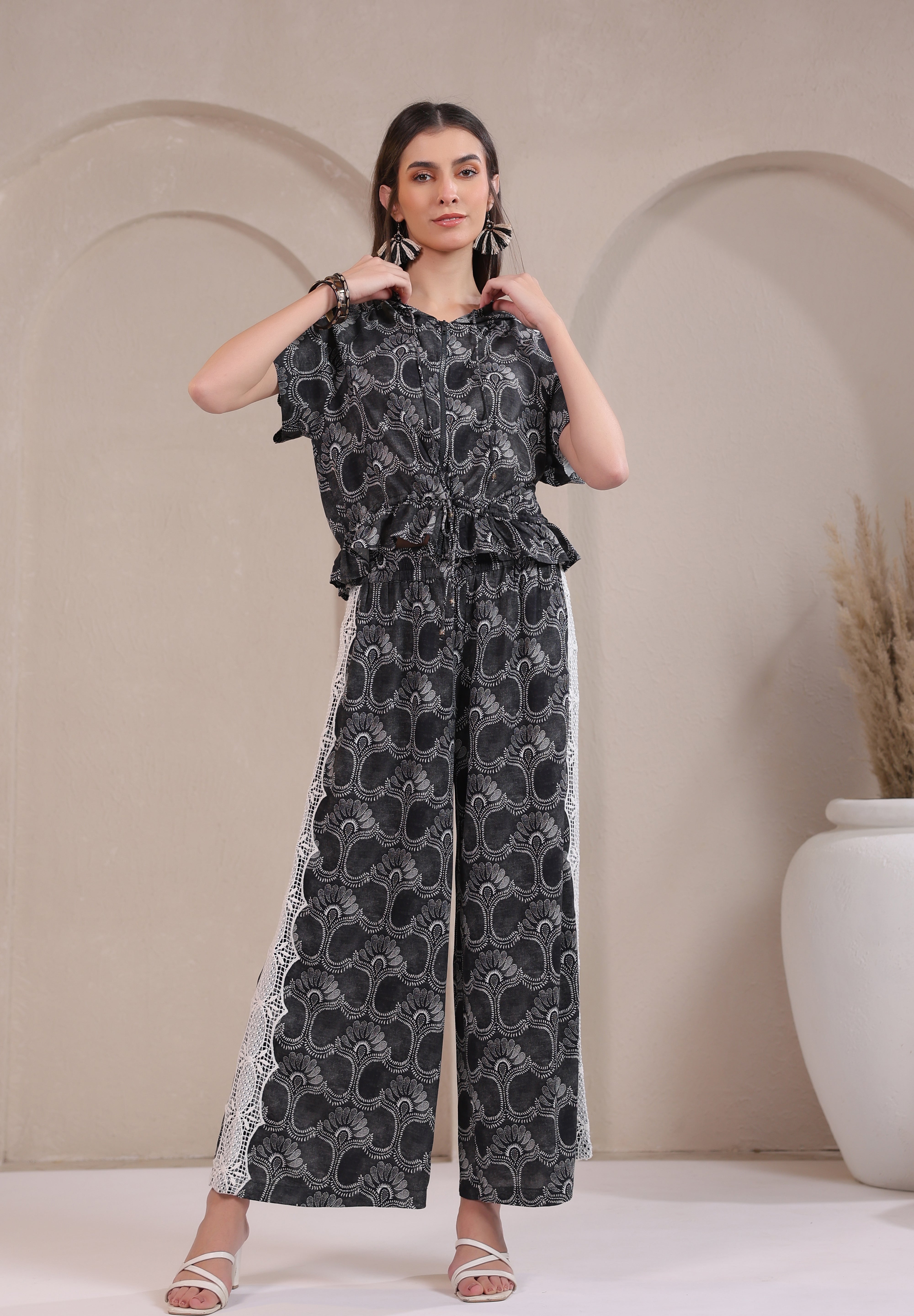 Women’s Black Rayon Printed Co-Ord Set with Lace & Zip-Style Shirt