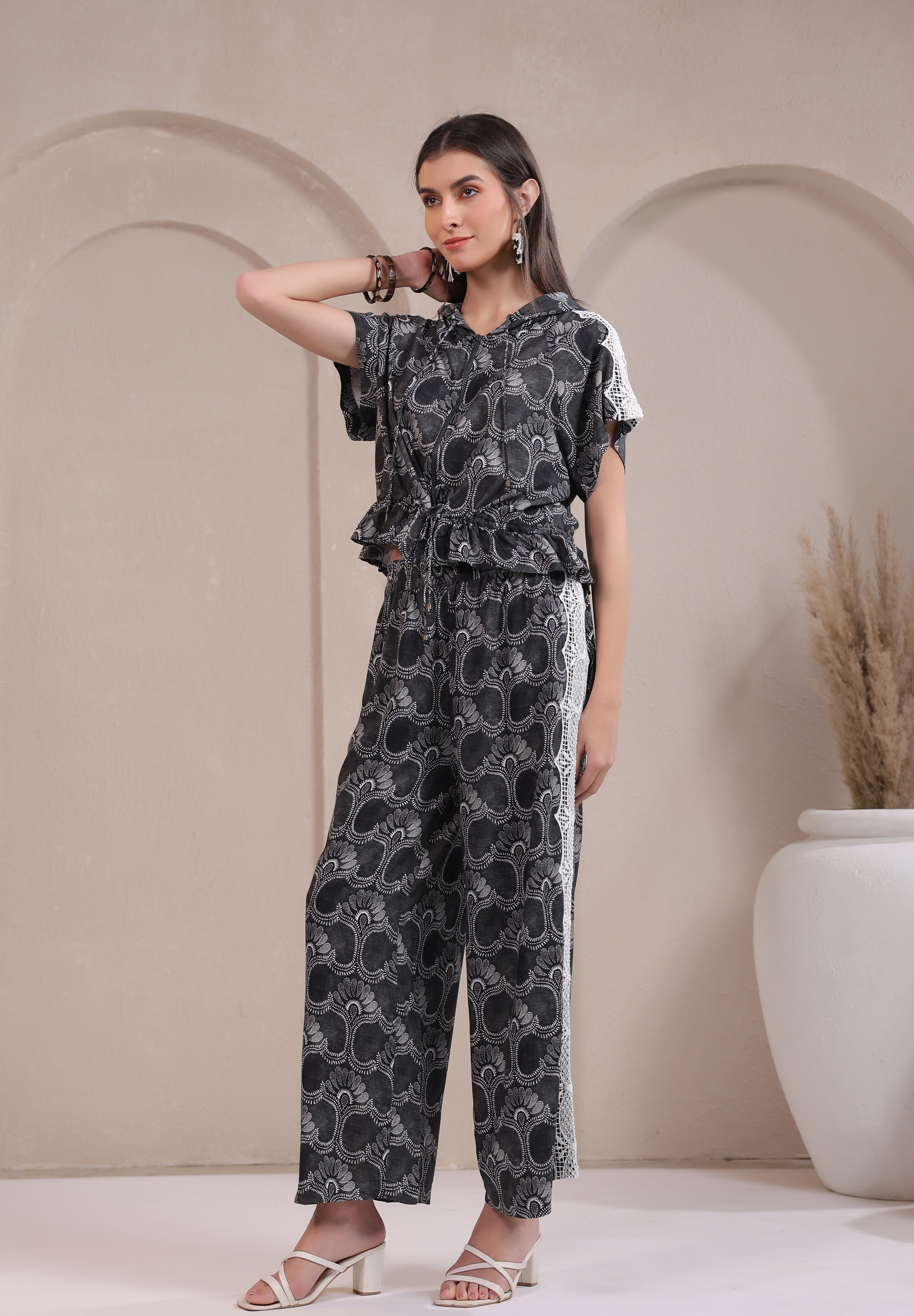 Women’s Black Rayon Printed Co-Ord Set with Lace & Zip-Style Shirt