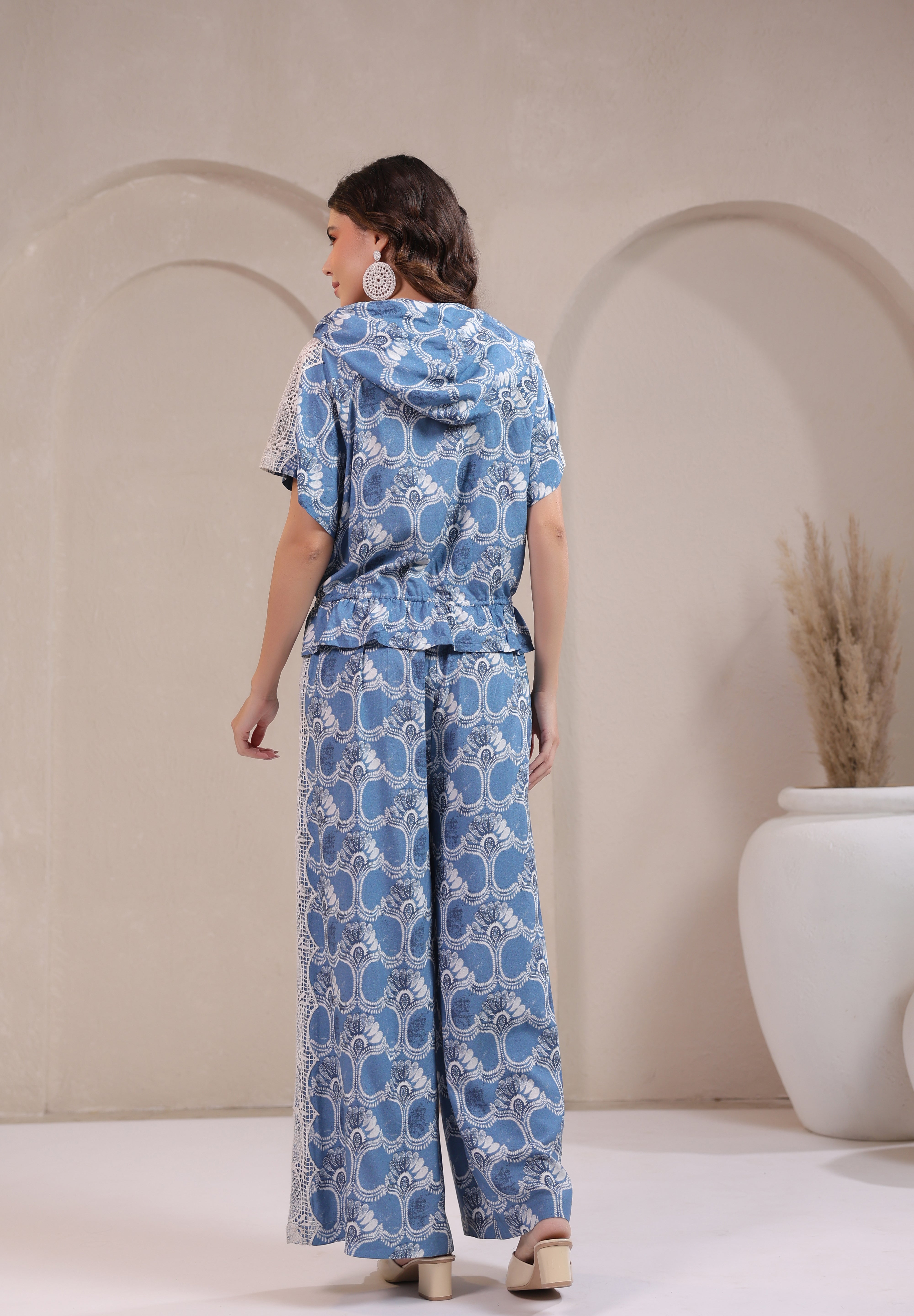 Women’s Blue Rayon Printed Co-Ord Set with Lace & Zip-Style Shirt