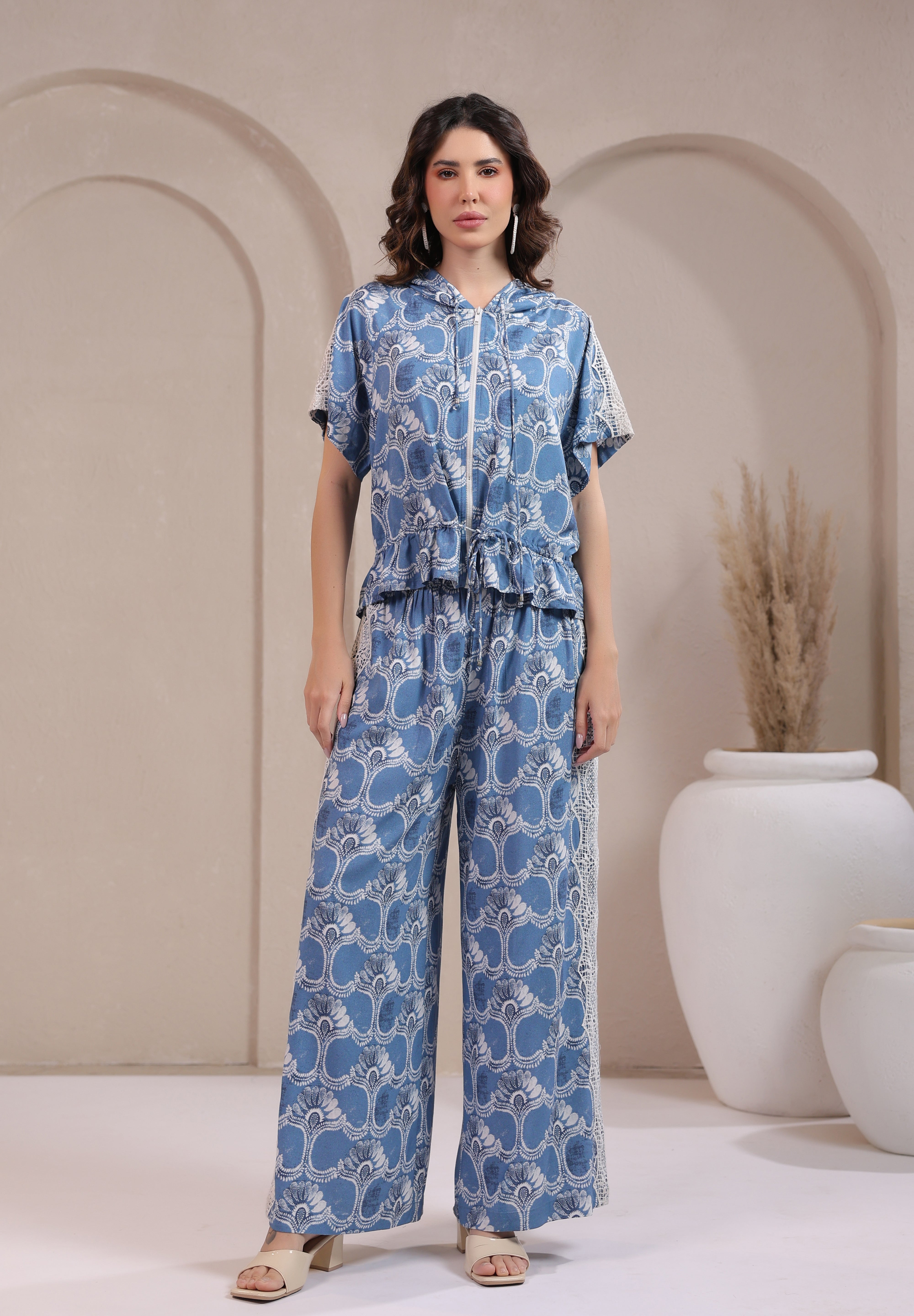 Women’s Blue Rayon Printed Co-Ord Set with Lace & Zip-Style Shirt