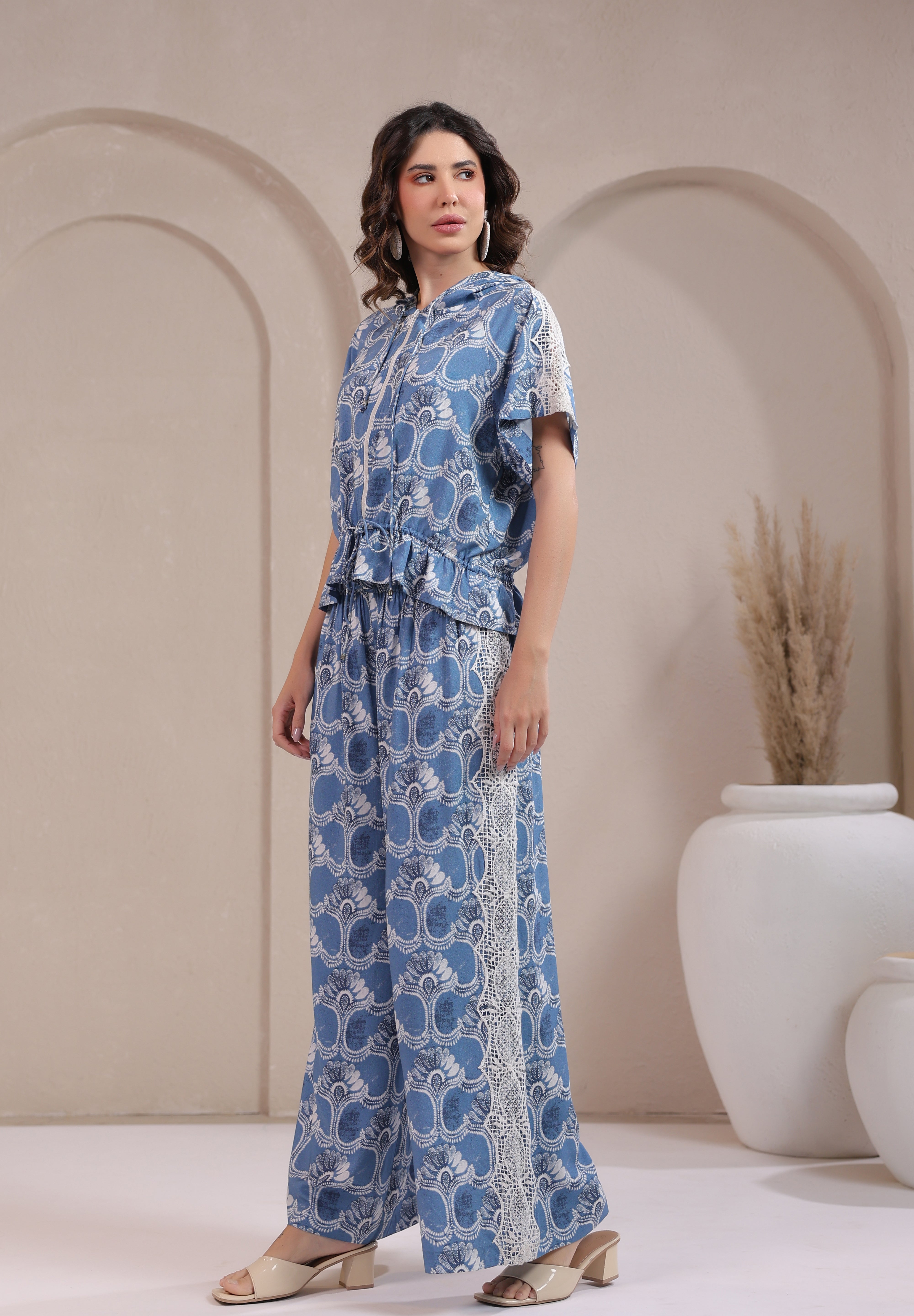 Women’s Blue Rayon Printed Co-Ord Set with Lace & Zip-Style Shirt