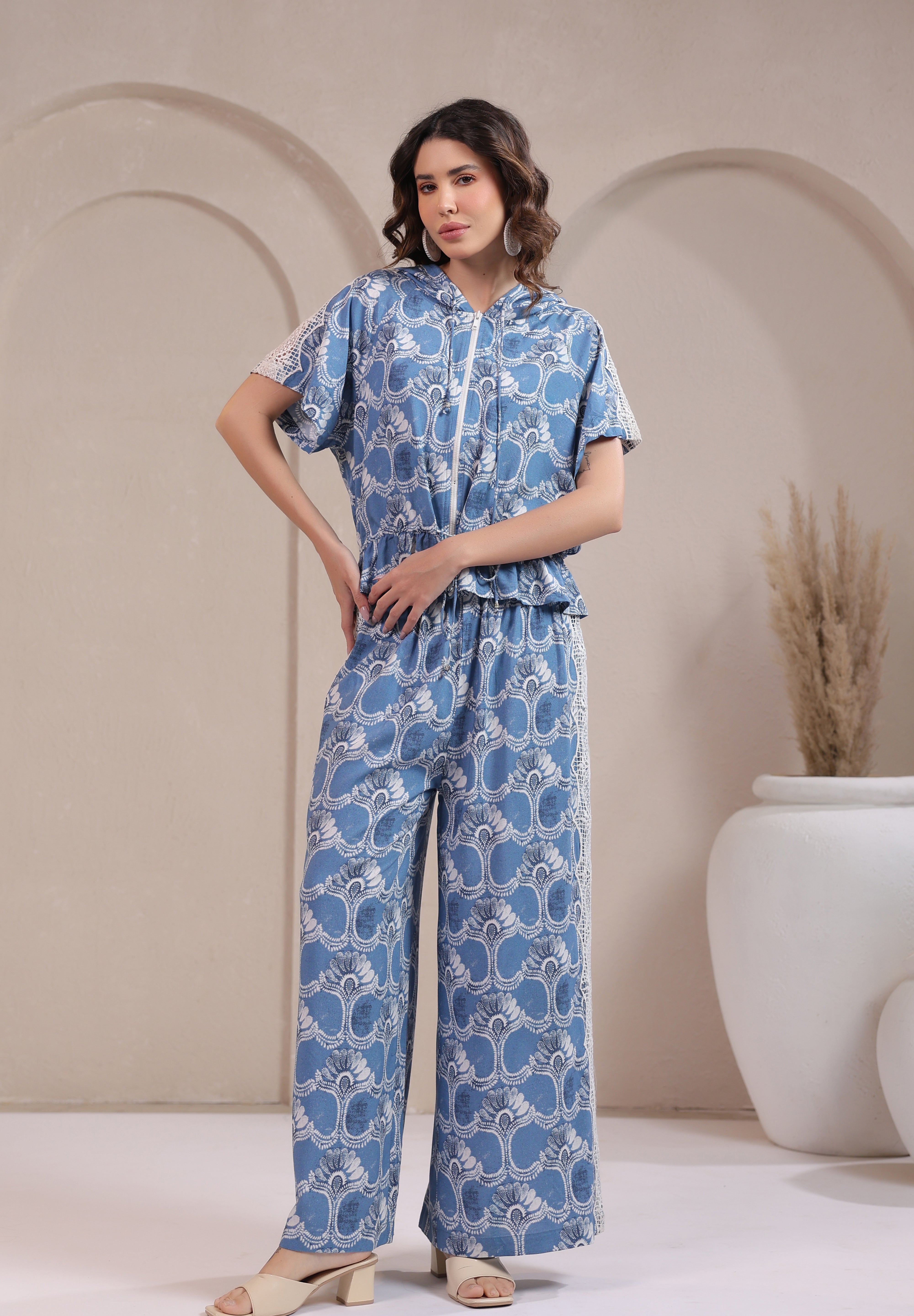 Women’s Blue Rayon Printed Co-Ord Set with Lace & Zip-Style Shirt