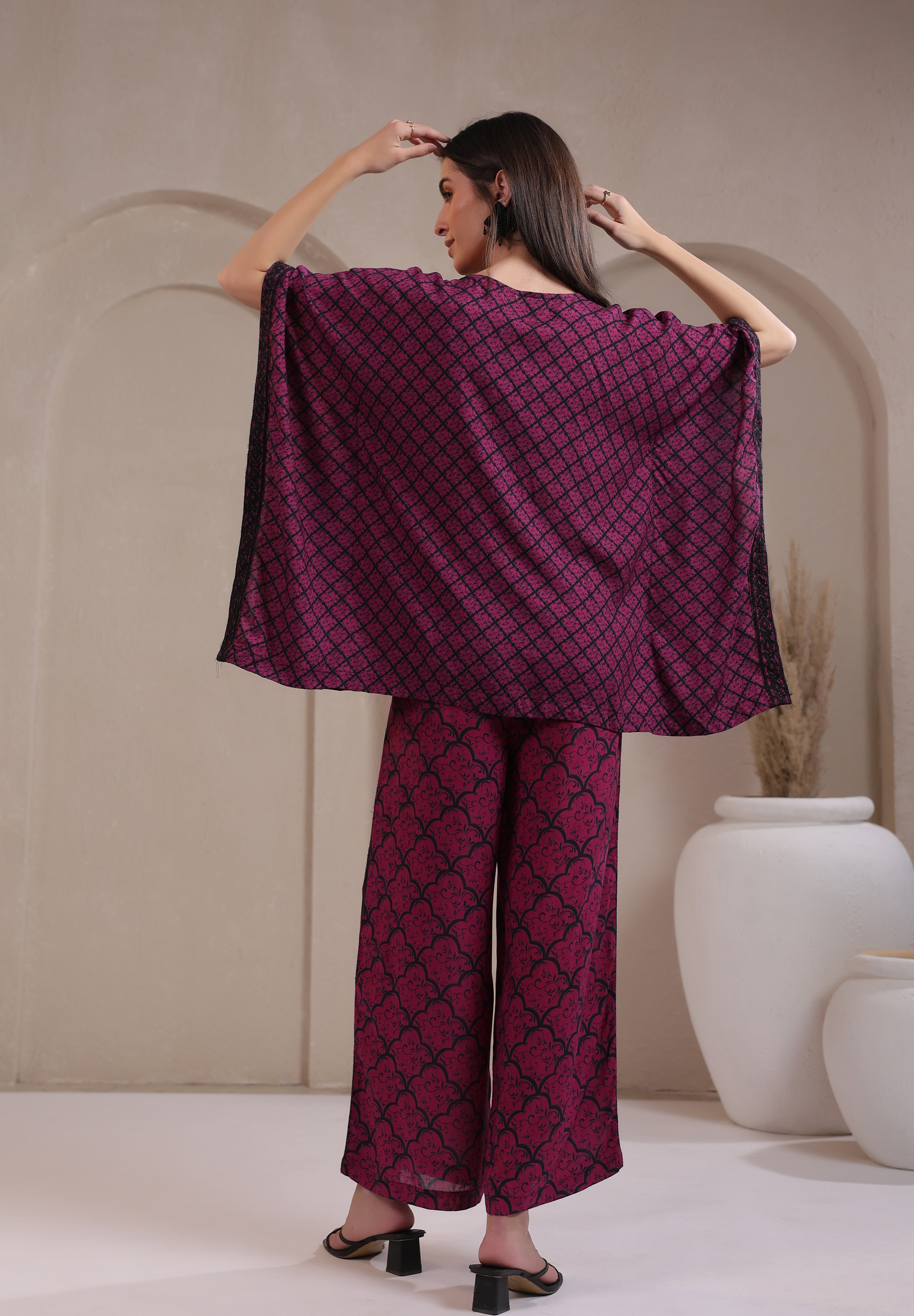 Women's Fuchsia Embroidered Rayon Co-Ord Set