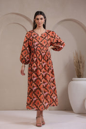 Women’s Orange Printed Cotton Voile Dress with Sequin & Lace Work