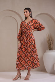 Women’s Orange Printed Cotton Voile Dress with Sequin & Lace Work