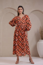 Women’s Orange Printed Cotton Voile Dress with Sequin & Lace Work