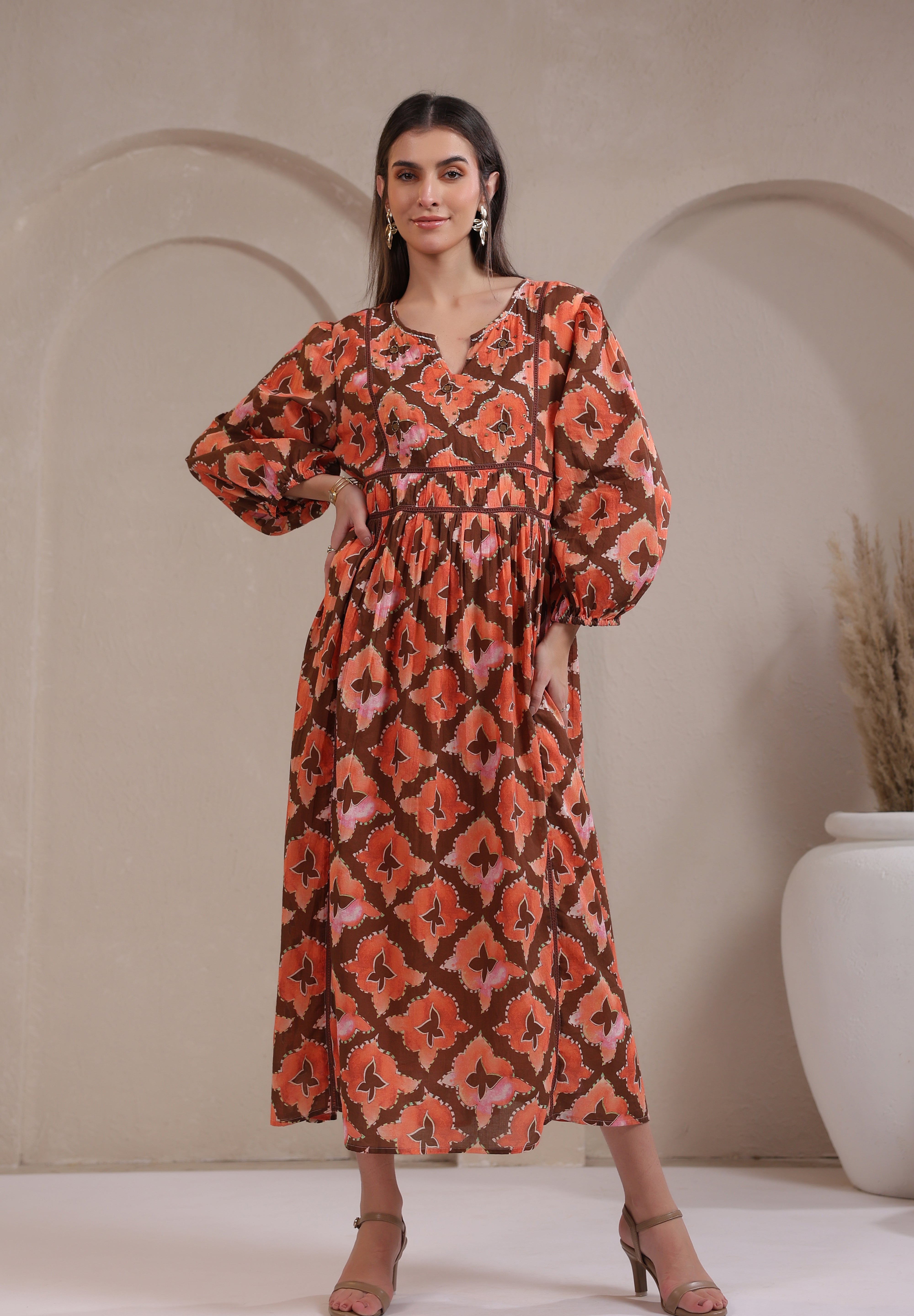 Women’s Orange Printed Cotton Voile Dress with Sequin & Lace Work