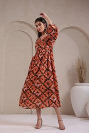 Women’s Orange Printed Cotton Voile Dress with Sequin & Lace Work