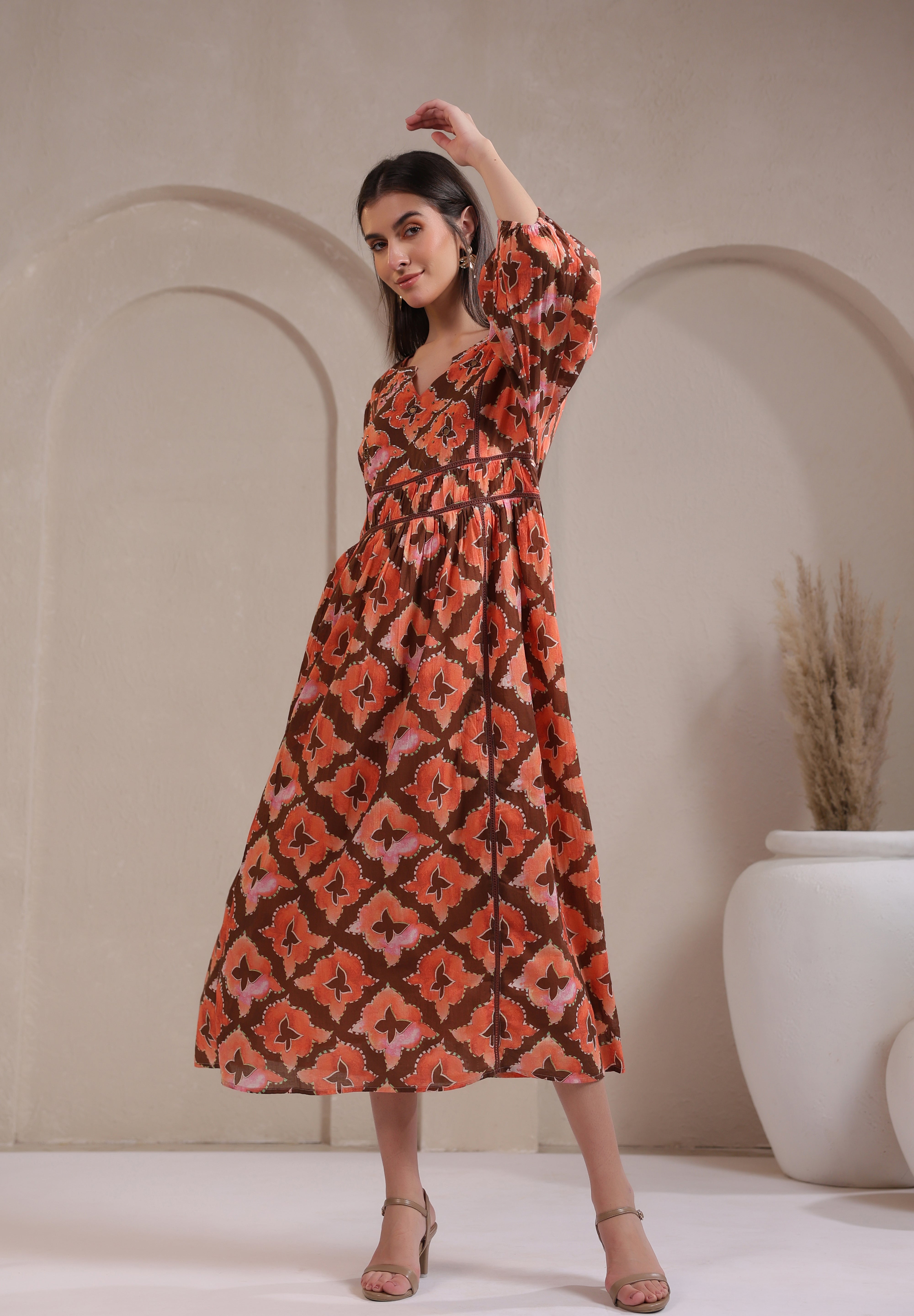 Women’s Orange Printed Cotton Voile Dress with Sequin & Lace Work