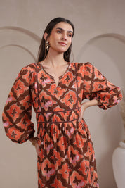 Women’s Orange Printed Cotton Voile Dress with Sequin & Lace Work