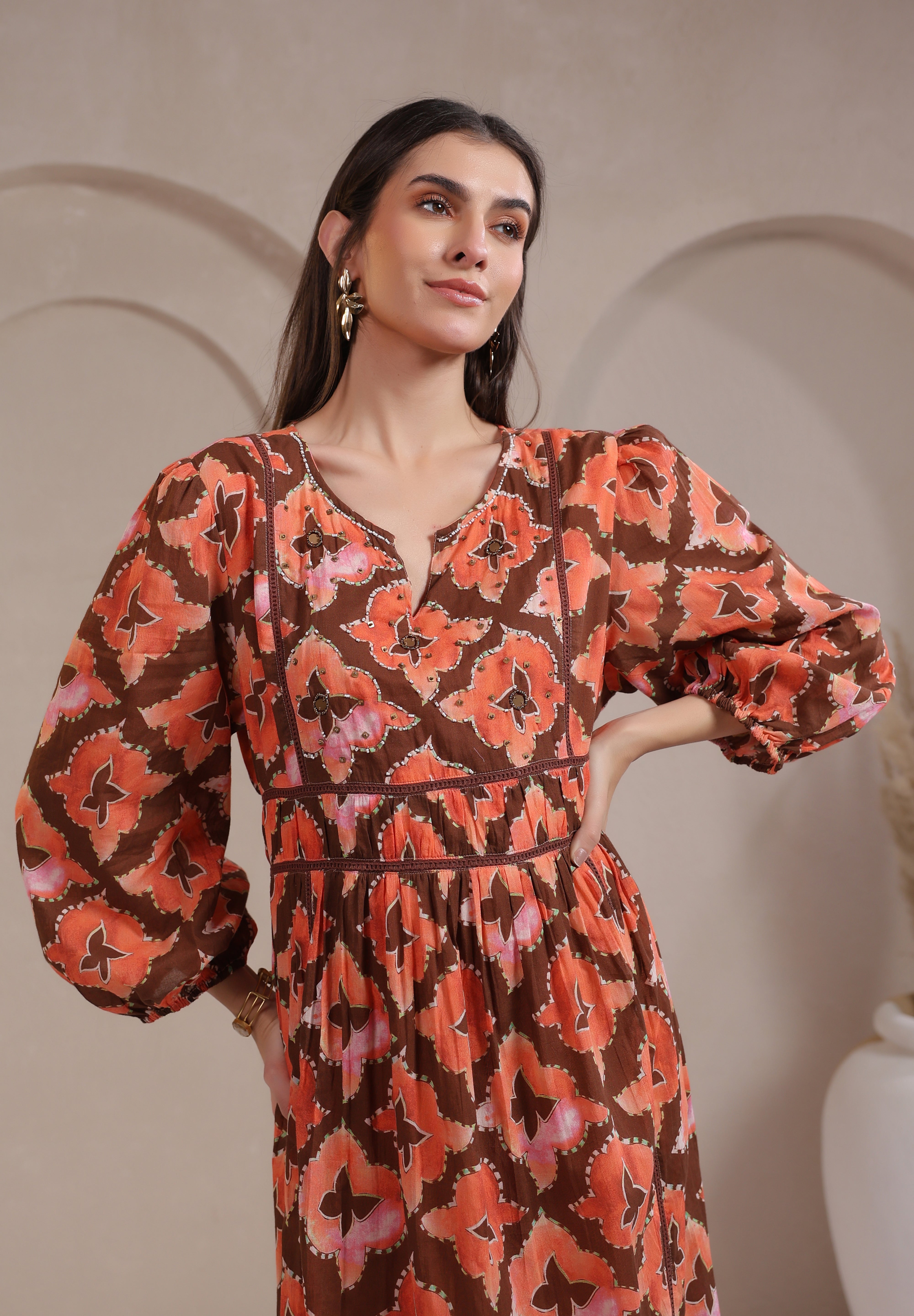 Women’s Orange Printed Cotton Voile Dress with Sequin & Lace Work