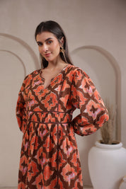 Women’s Orange Printed Cotton Voile Dress with Sequin & Lace Work